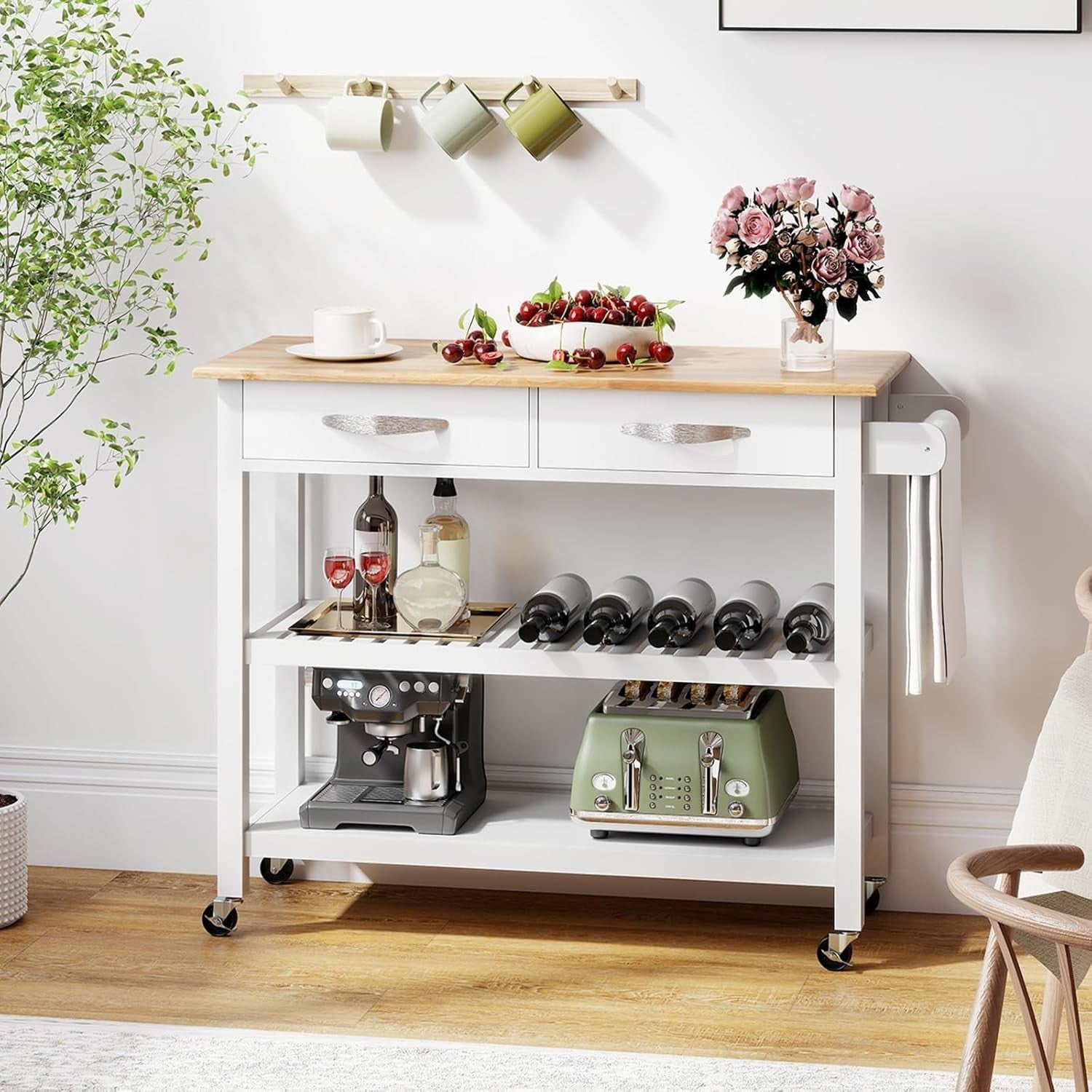 116cm Kitchen Island Cart Rubber Wood Top