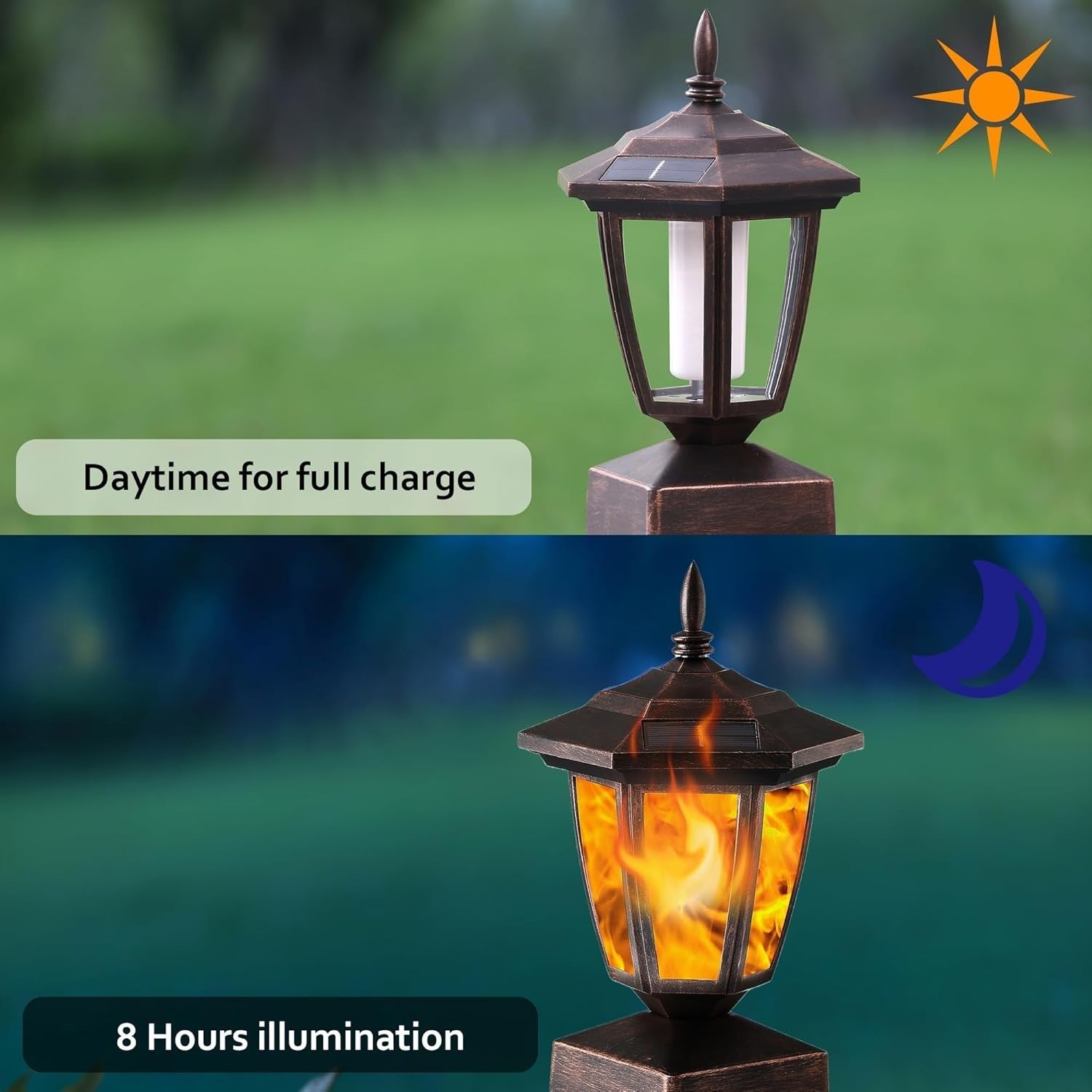 4 Pack Bronze Solar Flame Post Lights LED Outdoor Fence Lanterns