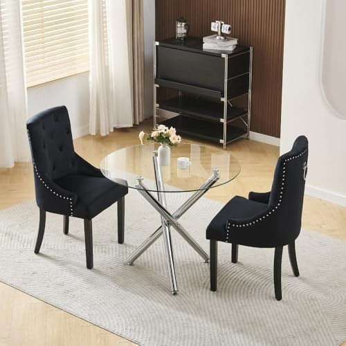 Modern 5-Piece Round Glass Dining Table Set with 2 Black Chairs Small Space