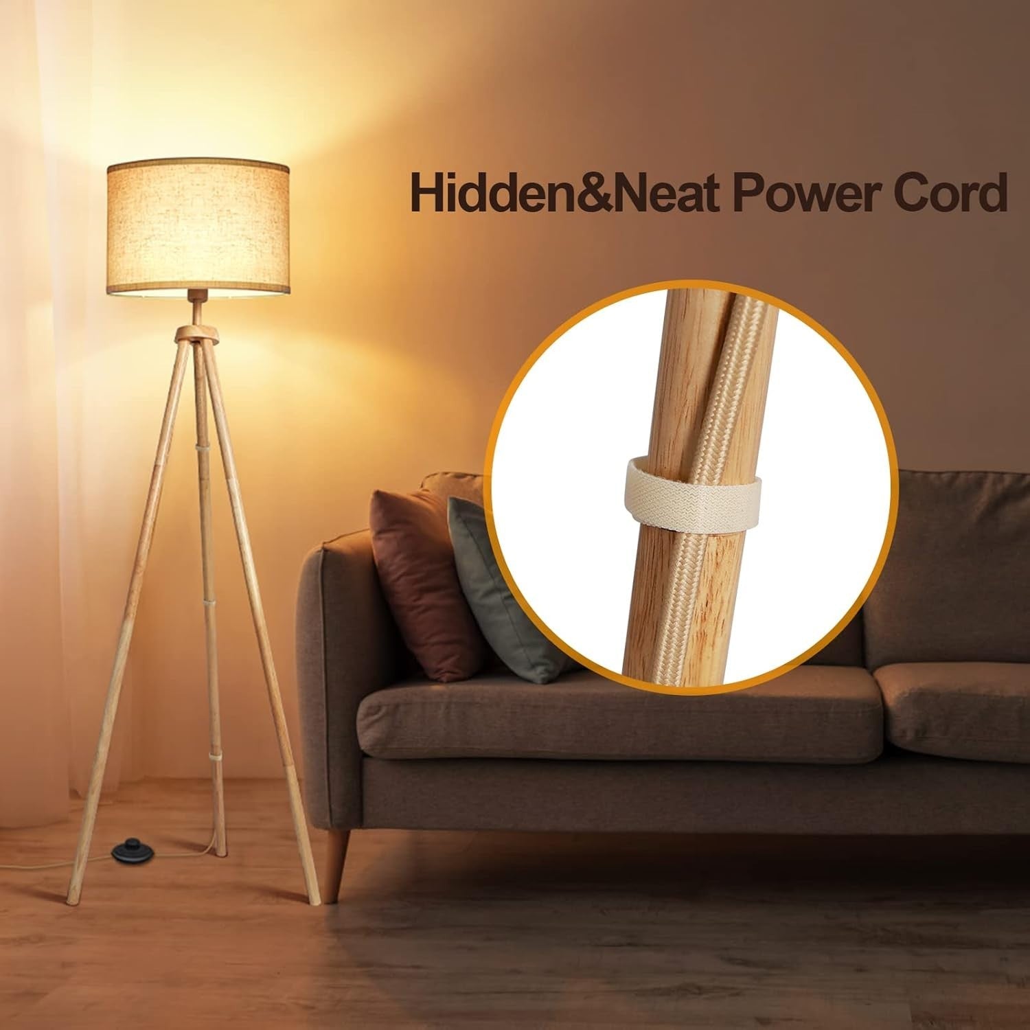 Wooden Tripod Floor Lamp Dimmable LED with Remote Linen Shade 160cm