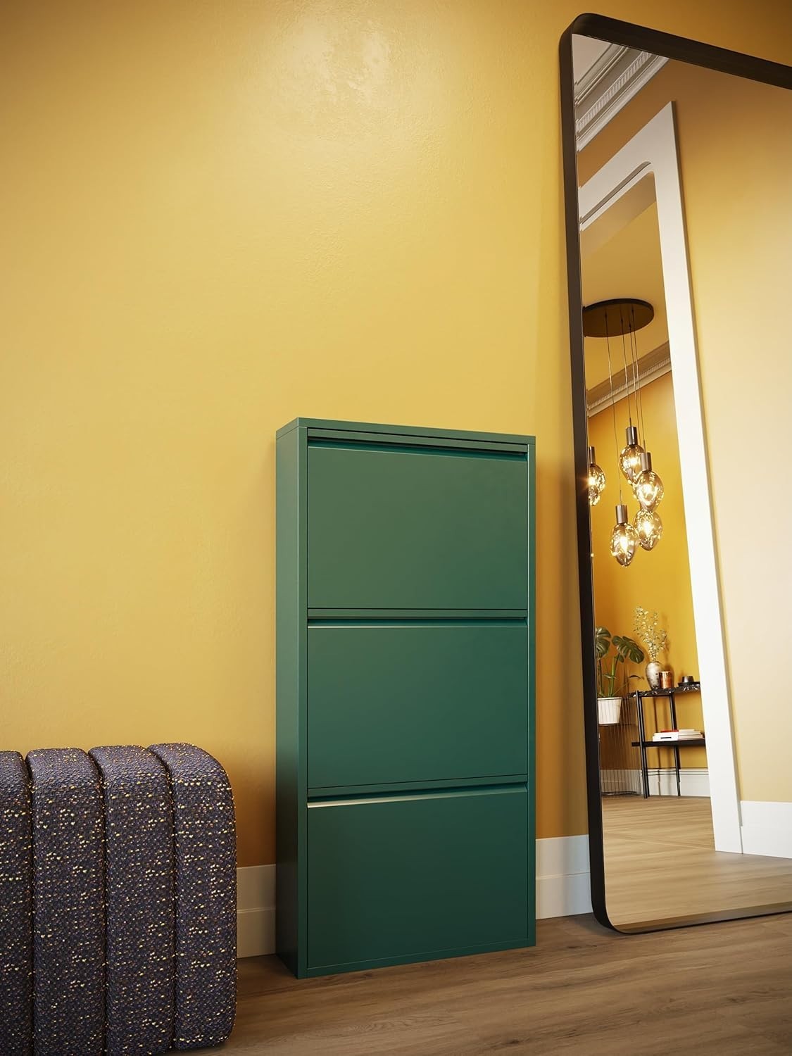 Slim Green Shoe Cabinet 3 Flip Compartments Space-Saving Storage