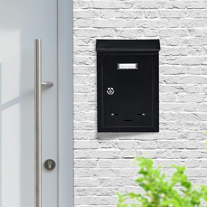 Lockable Wall Mounted Letterbox Black Metal Slim Design Viewing Window