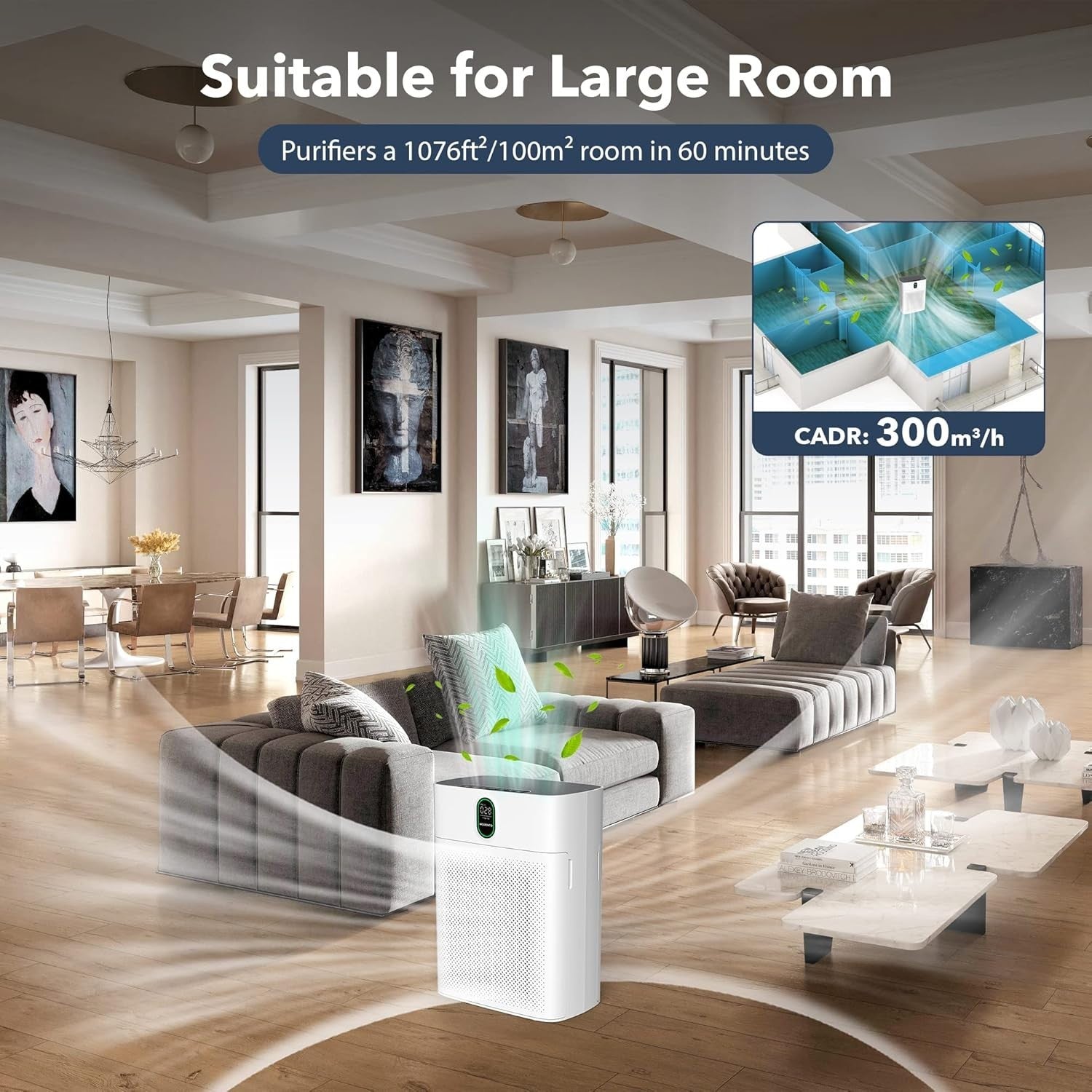 Large Room HEPA Air Purifier 1076ft² PM2.5 Auto Quiet Pet Hair