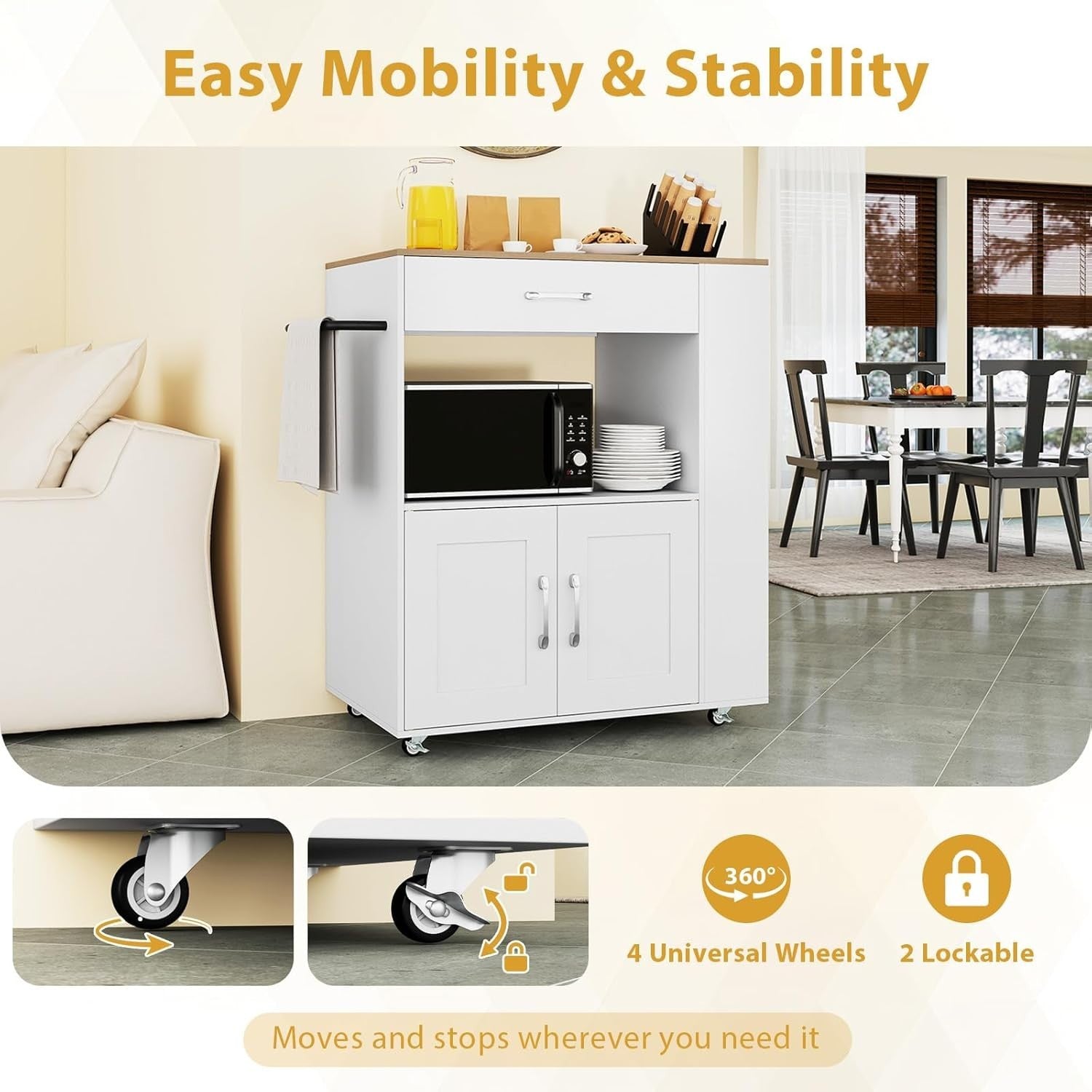 White Rolling Kitchen Island Cart with Power Outlets