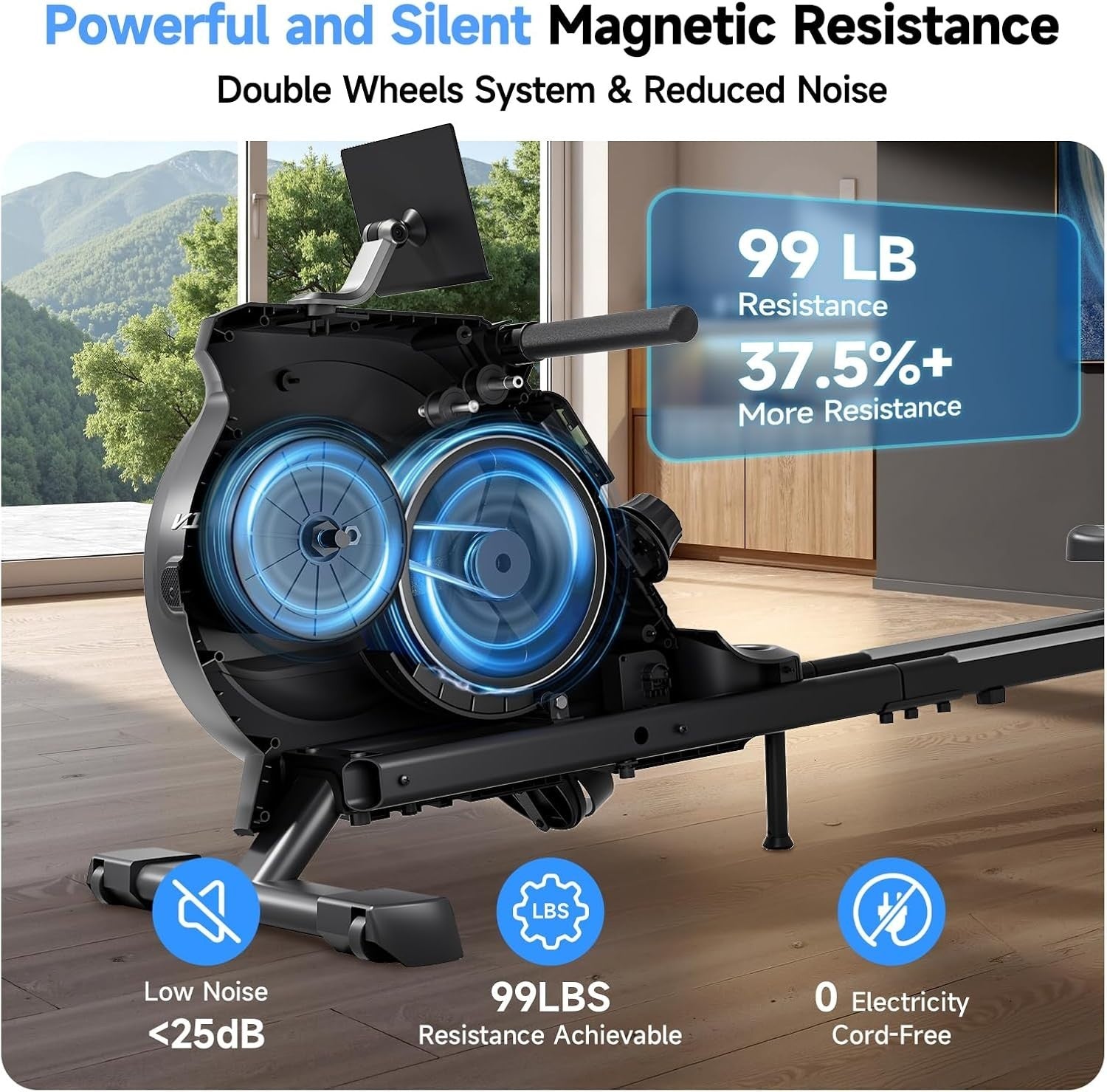 Magnetic Rowing Machine 16-Level Quiet Foldable Dual Rail 350LB App Home Rower
