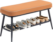 Brown PU Leather Shoe Storage Bench with Cushion Seat & Metal Frame Entryway