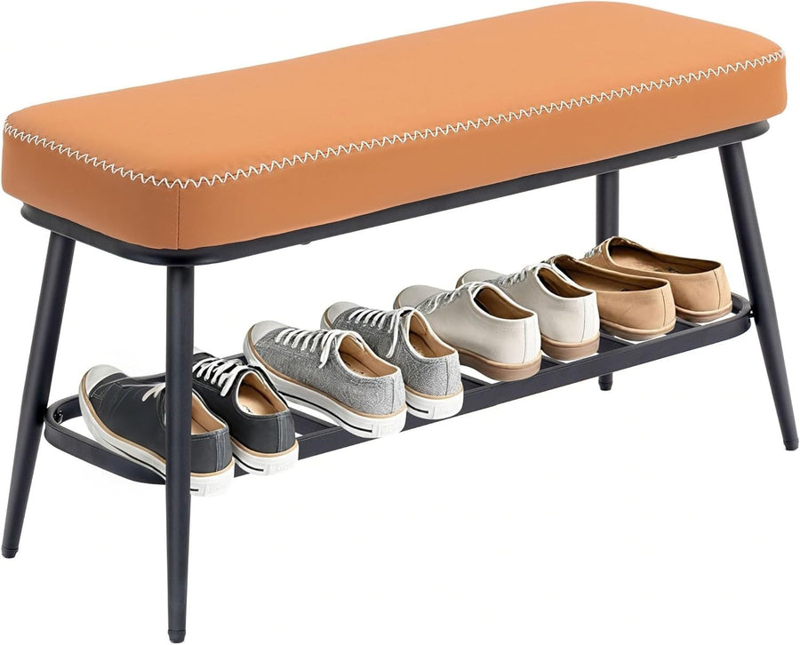 Brown PU Leather Shoe Storage Bench with Cushion Seat & Metal Frame Entryway