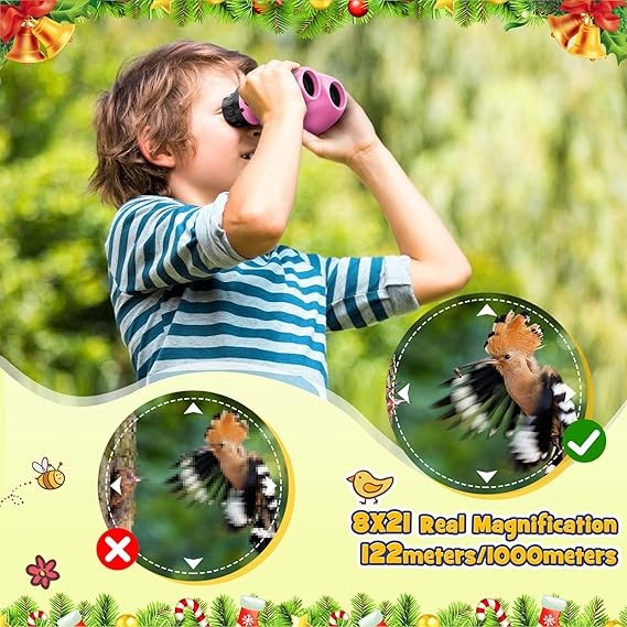 Kids 8x21 Waterproof Binoculars with Compass & Whistle Outdoor Explorer Pink