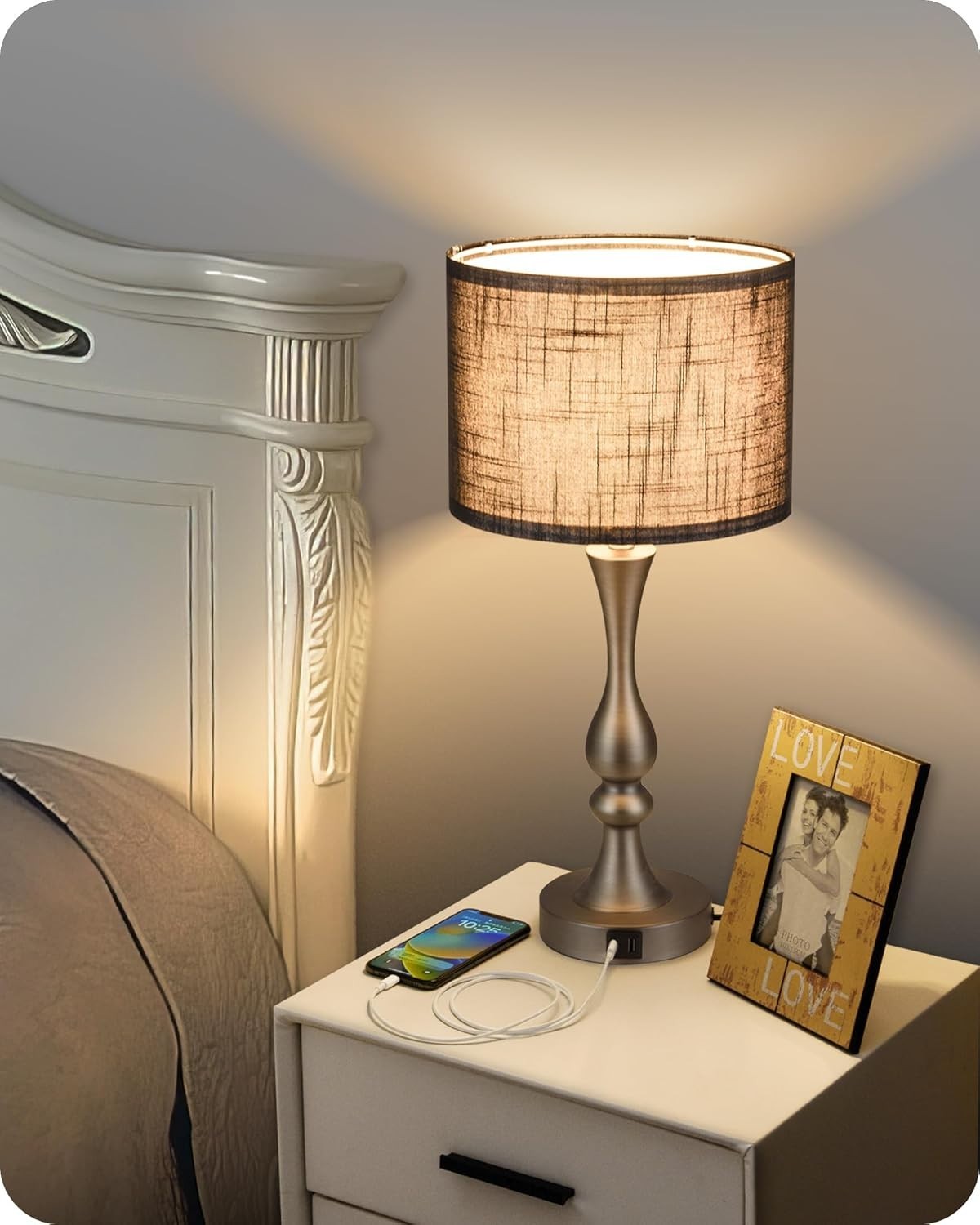 Dimmable Touch Table Lamps Set of 2 USB Charging Black Linen Shade