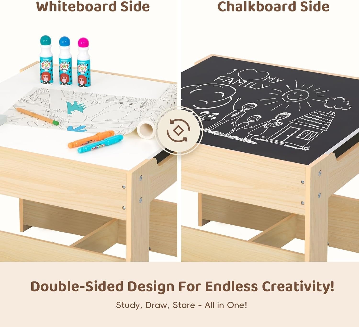 4 in 1 Kids Table and Chairs with Whiteboard Blackboard Storage & Book Rack