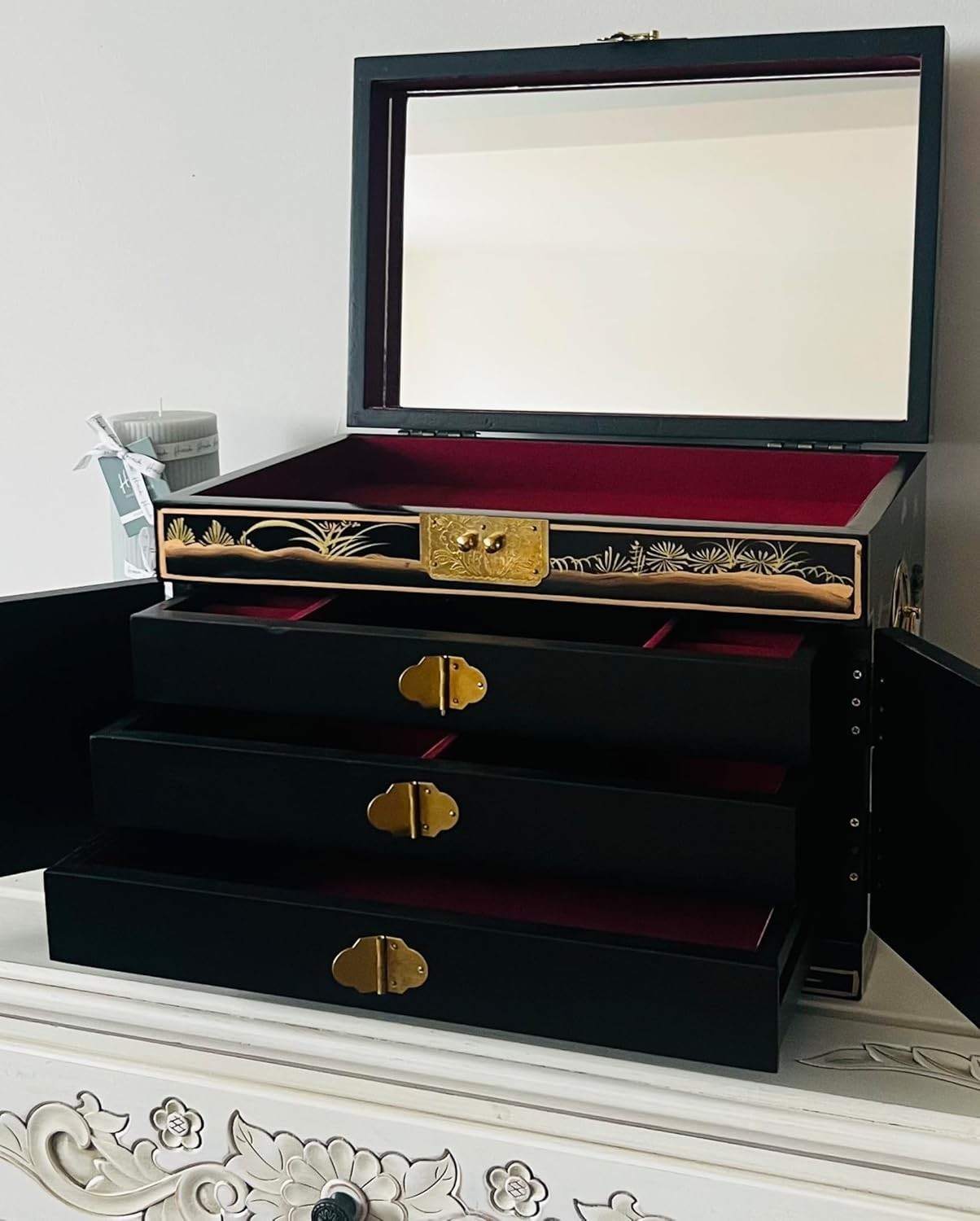 Black Chinese Jewellery Box Hand Painted Mother of Pearl Lockable
