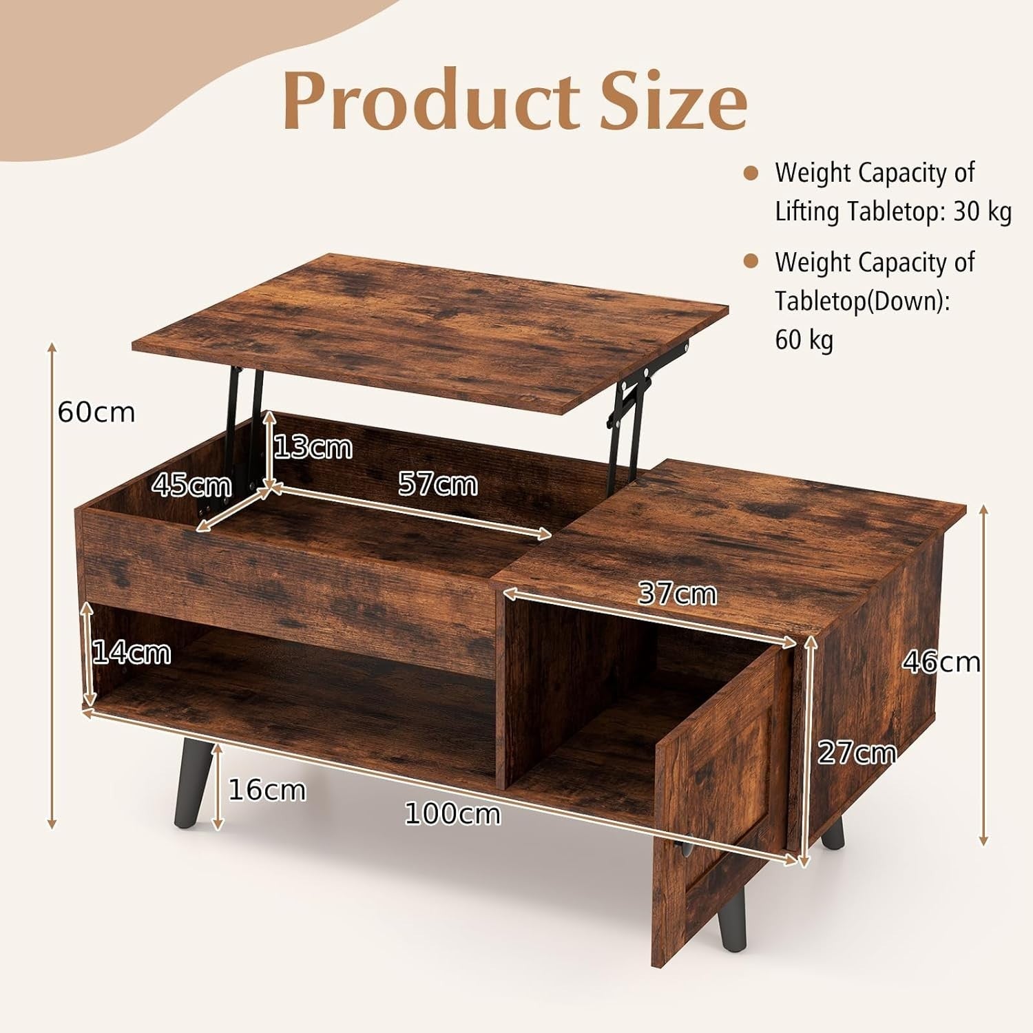 Lift Top Coffee Table with Storage, Adjustable Height, Rustic Brown Wood Finish