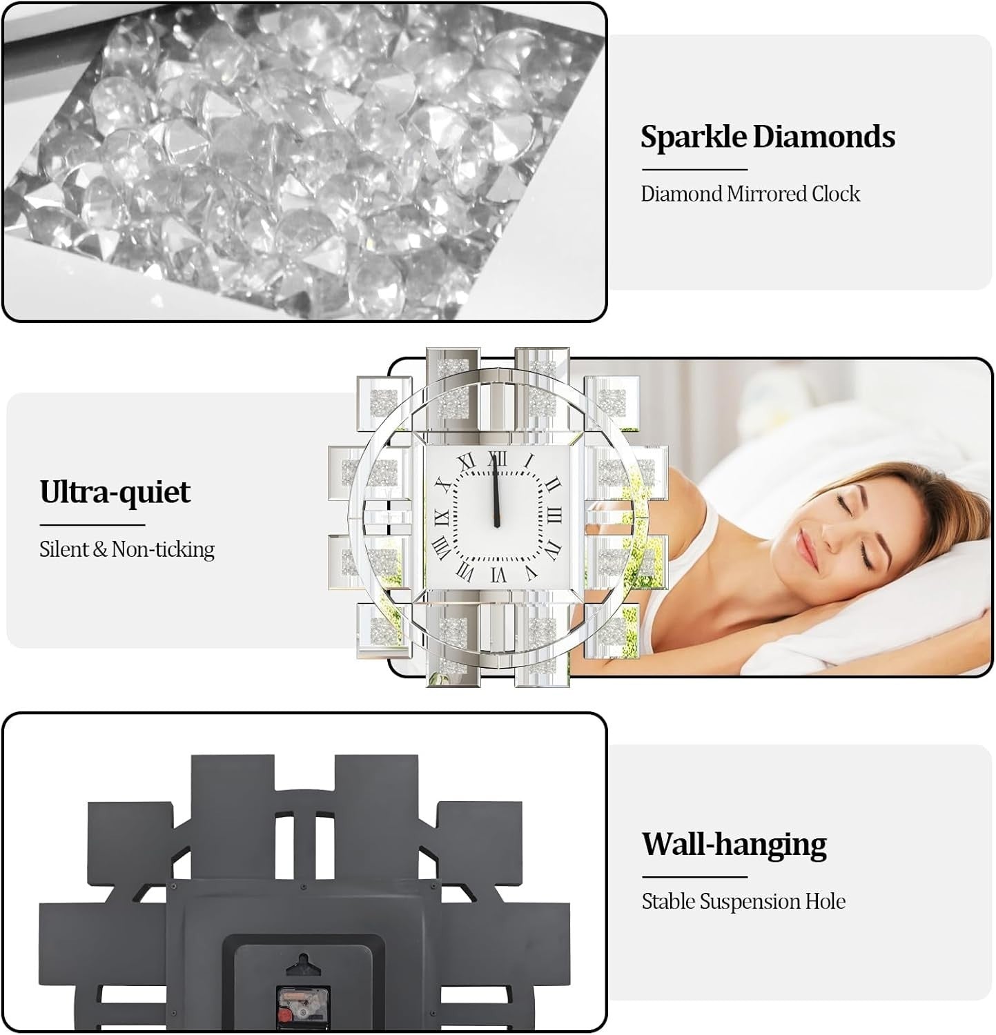60cm Mirrored Wall Clock Crushed Diamond Inlay Roman Numerals Silent