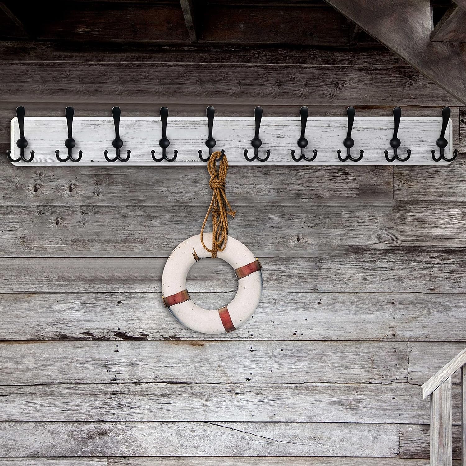 Wall Mounted Coat Rack 98cm | Rustic White Wood Hanger with 10 Hooks