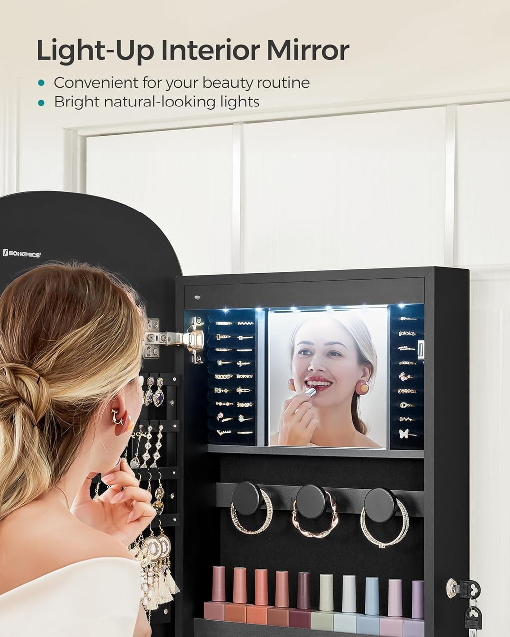 Black LED Wall Mounted Jewelry Cabinet Mirror Lockable Wide Storage