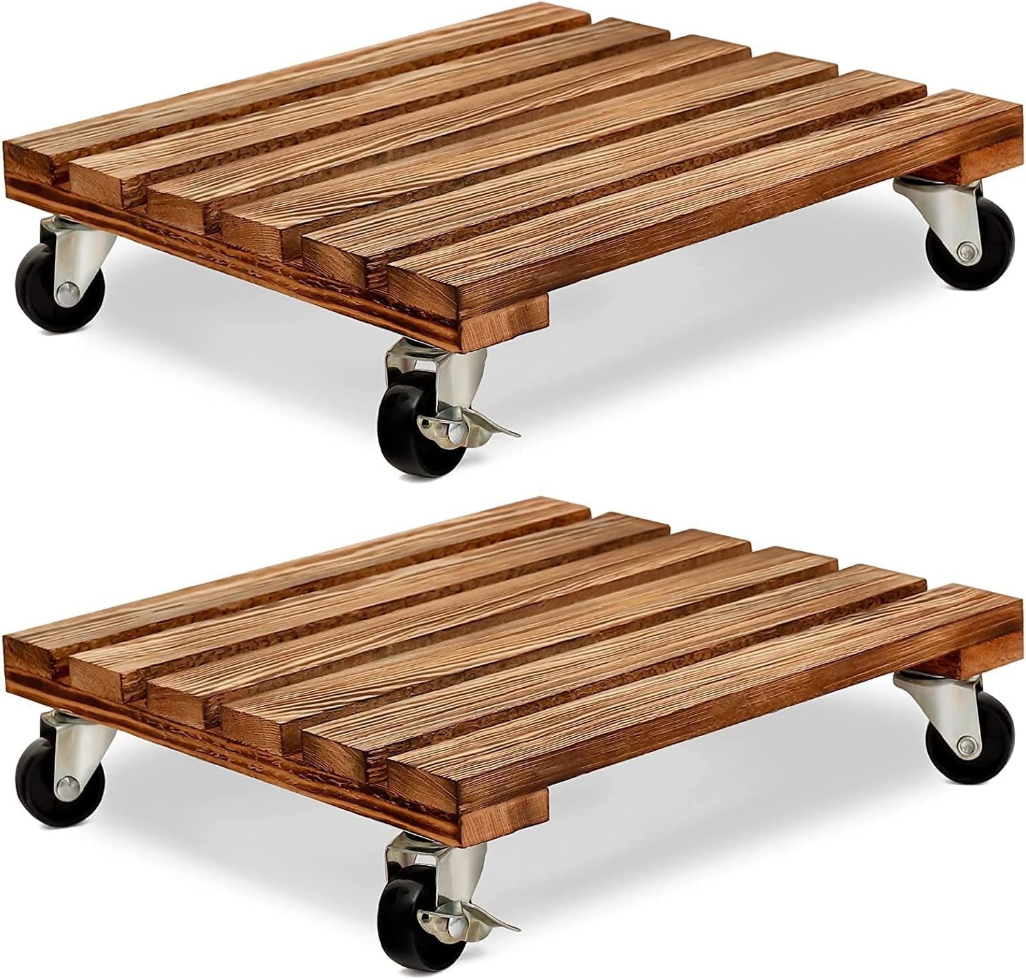 2 Pack Wooden Plant Caddy with Wheels Heavy Duty Rolling Stand 30cm Indoor