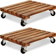 2 Pack Wooden Plant Caddy with Wheels Heavy Duty Rolling Stand 30cm Indoor
