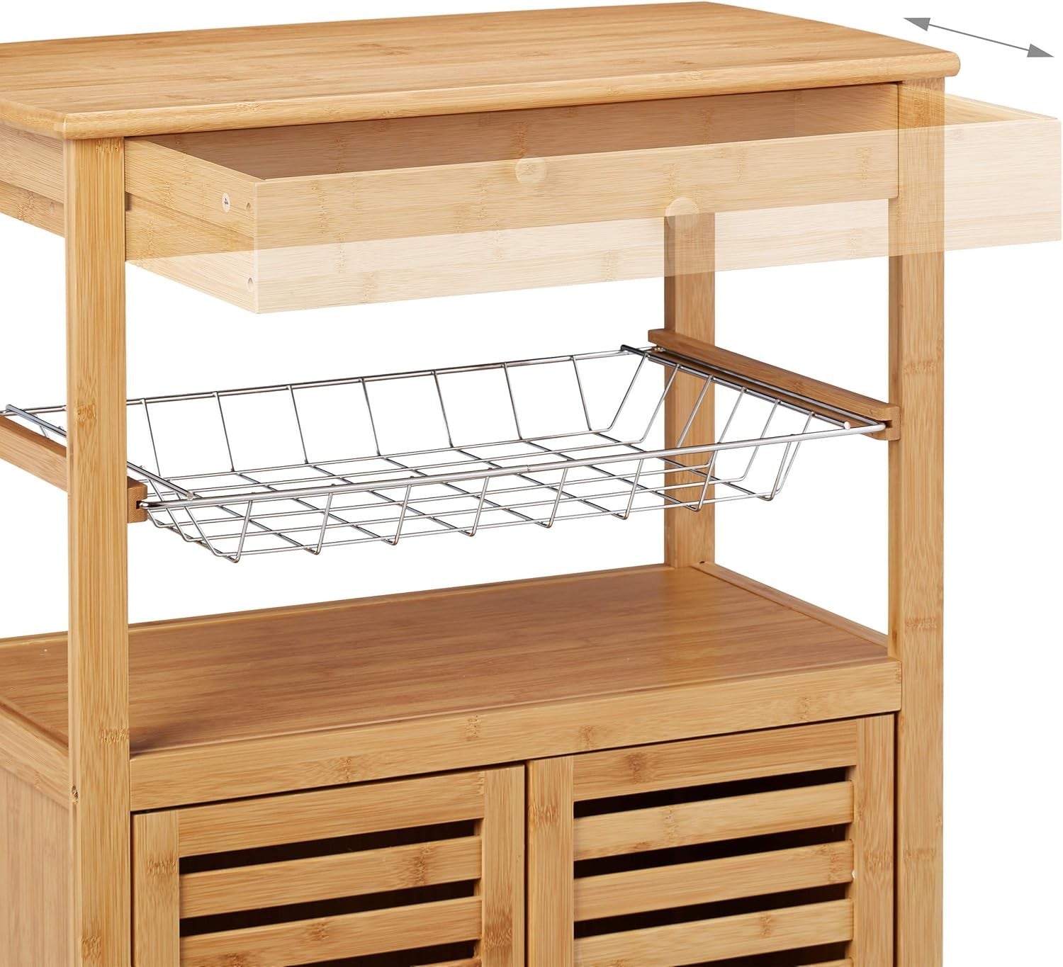 Bamboo Kitchen Trolley on Wheels Storage Cart with Cabinet Shelf Basket
