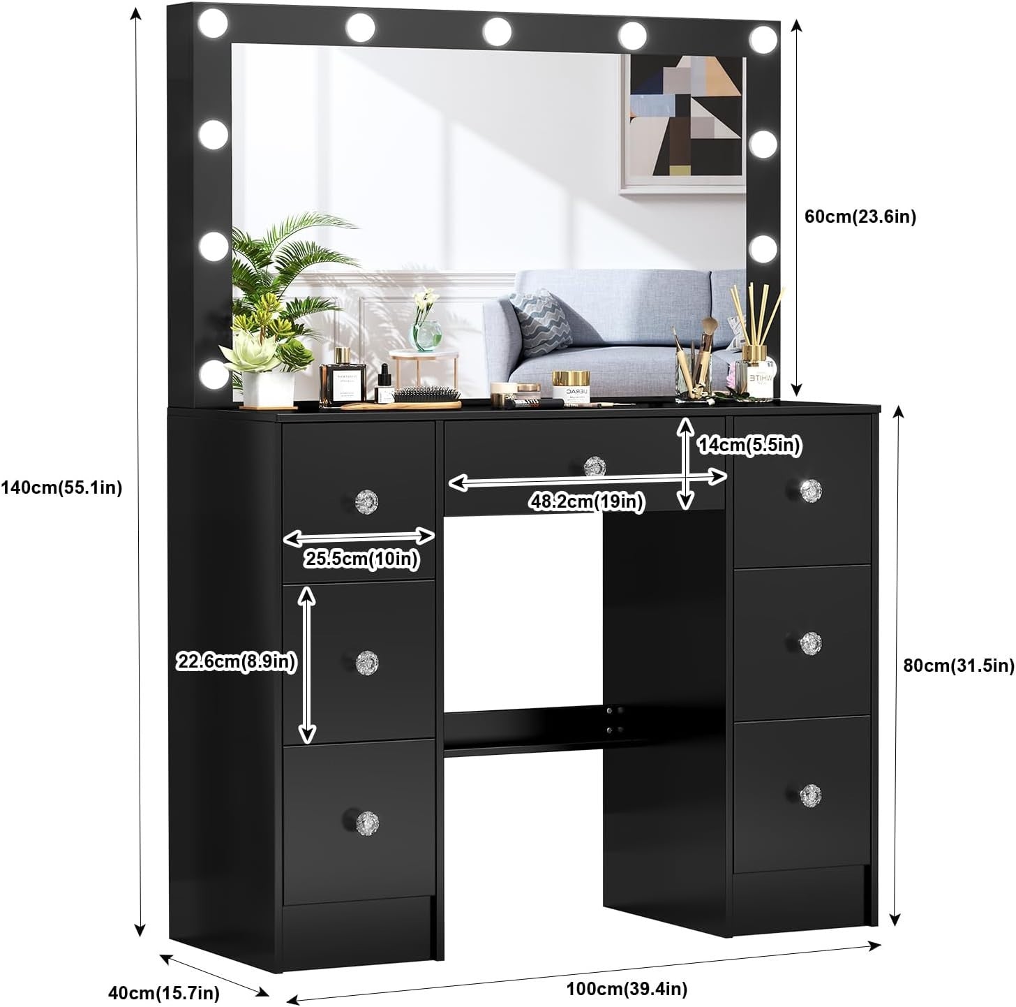 Modern Vanity Dressing Table LED Lighted Mirror 7 Drawer Desk Makeup White (77/7
