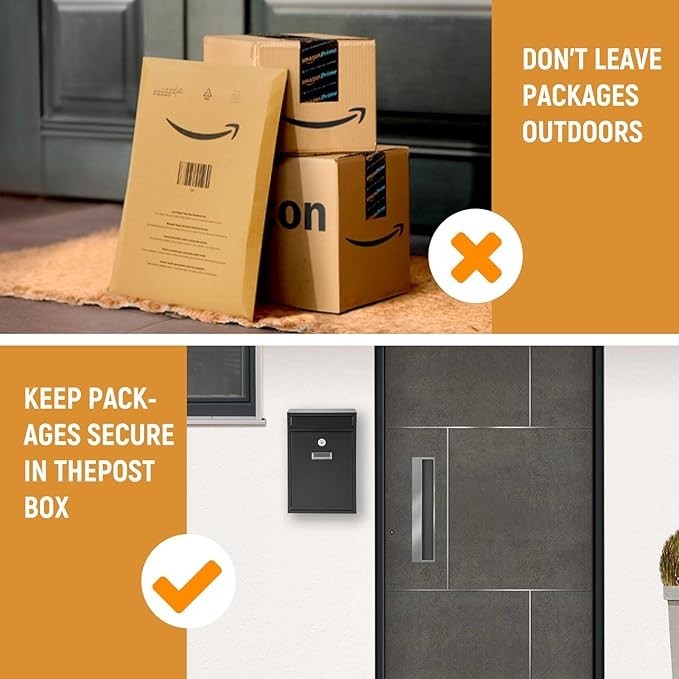 Lockable Wall Mounted Mailbox Black – Weatherproof Steel Post Box Outdoor Use