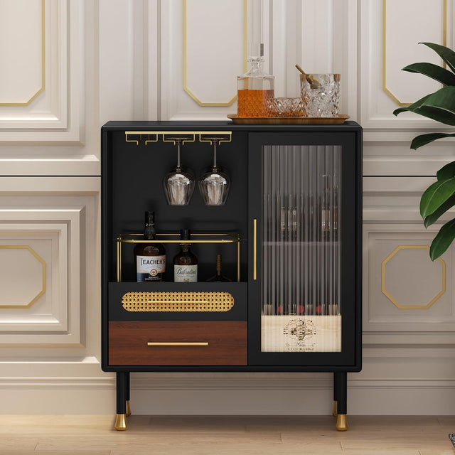 Modern Drinks Cabinet Black Sideboard Bar Unit with Wine Glass Rack & Drawers