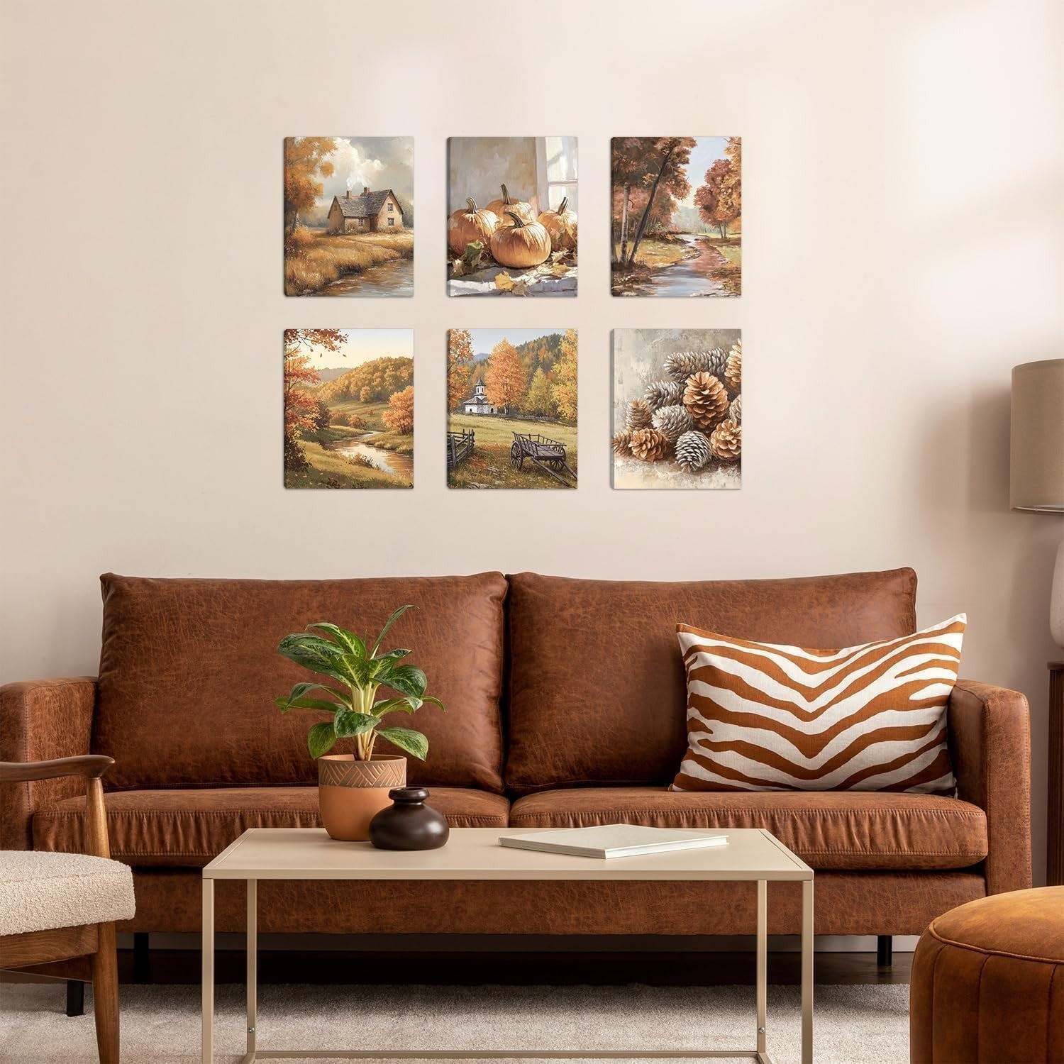 Autumn Landscape Framed Canvas Wall Art Set of 6 Rustic 20x25cm