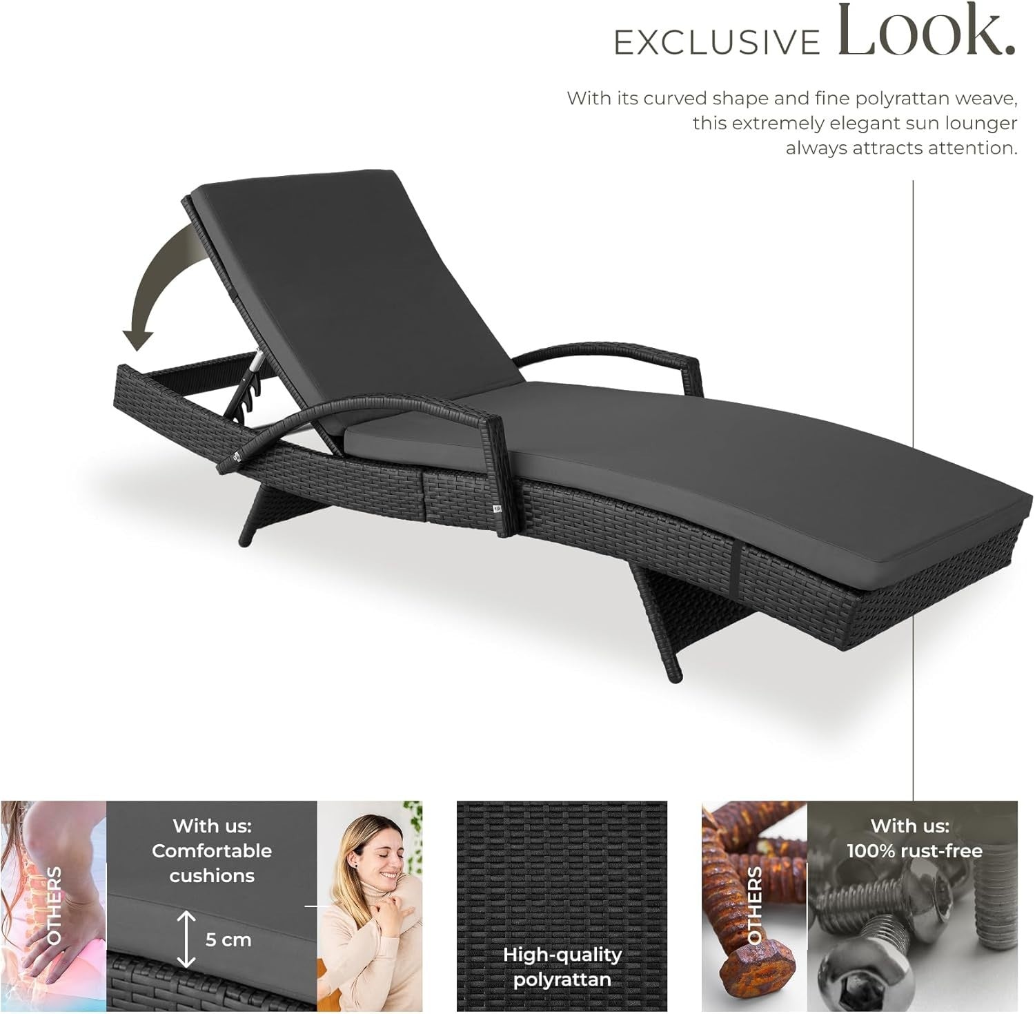 Rattan Sun Lounger 5-Position Recliner Chair Garden Bed Cushioned Weatherproof