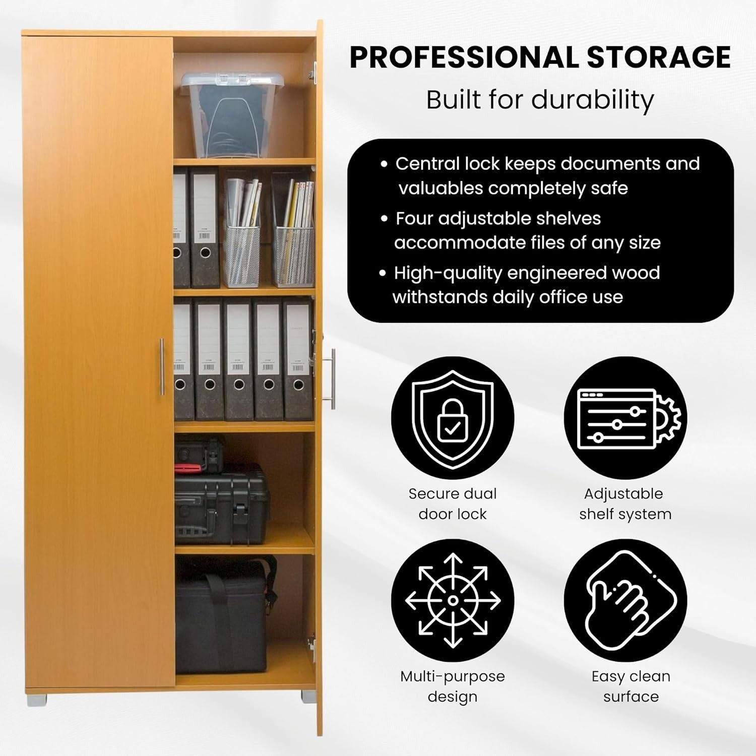 Tall Beech Storage Cupboard 2 Door Lockable Cabinet with 4 Shelves Office