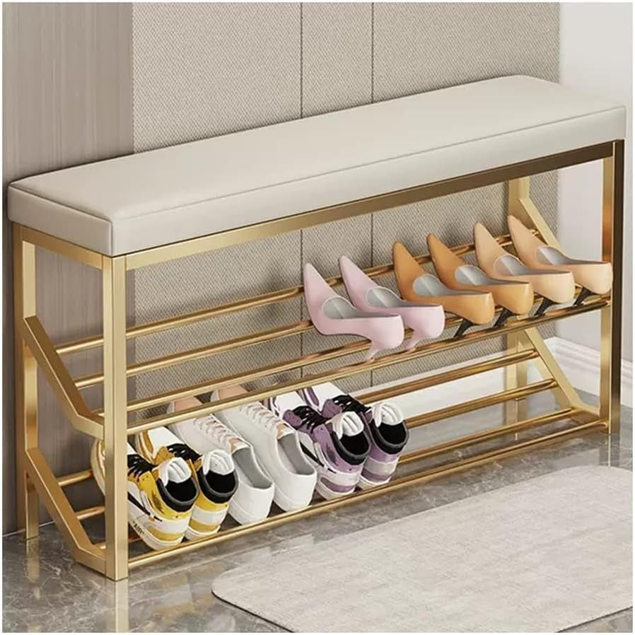 2-Tier Gold & Beige Entryway Shoe Rack Bench with Padded Seat