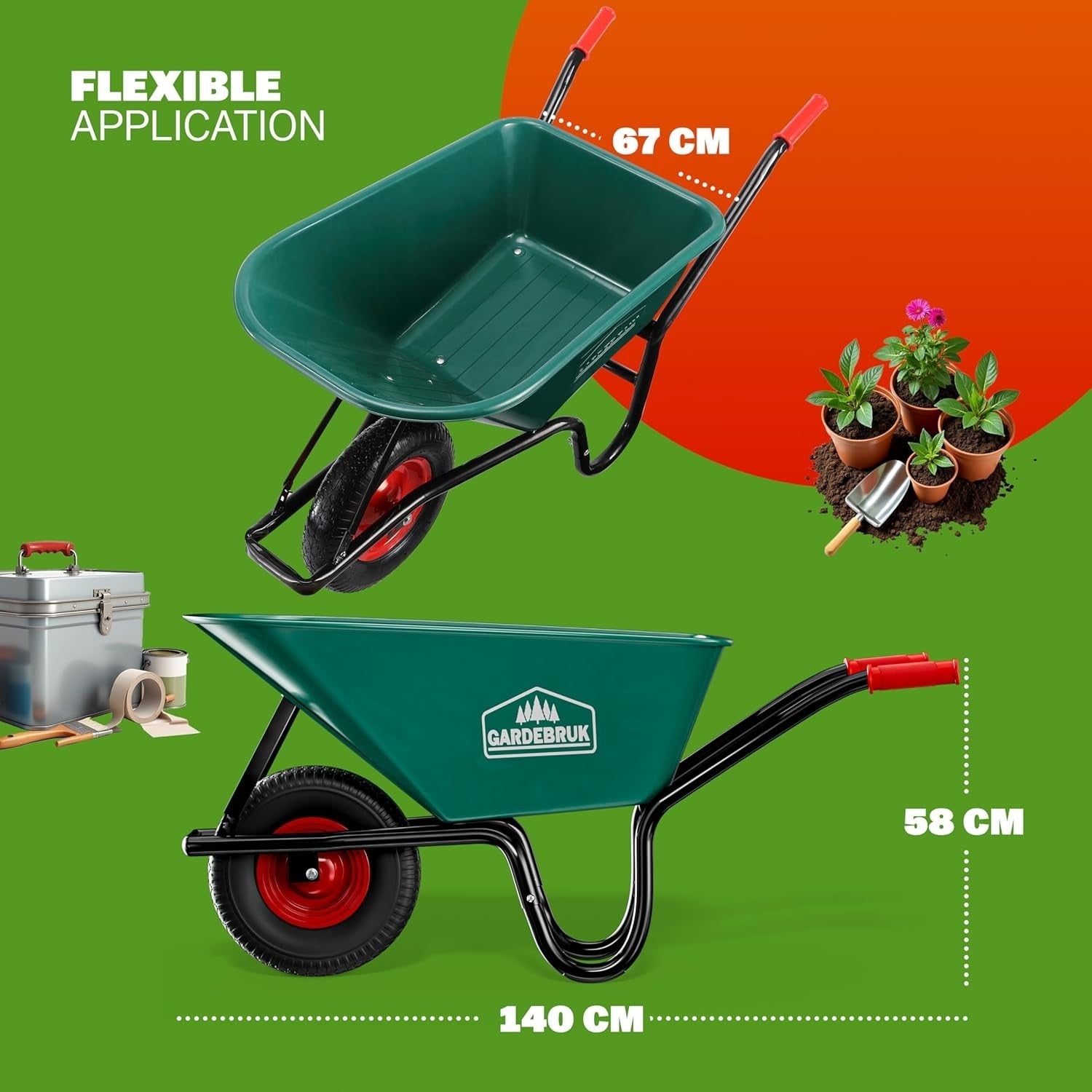 100L Garden Wheelbarrow – Polypropylene Tub w/ Steel Frame Tyre 250kg Load
