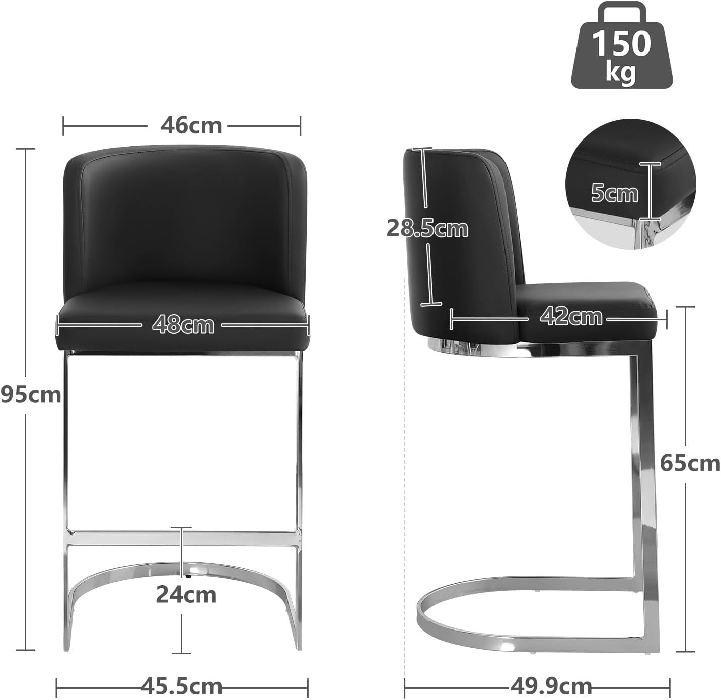 Modern Counter Bar Stools PU Leather With Back Steel Base Set Of 2