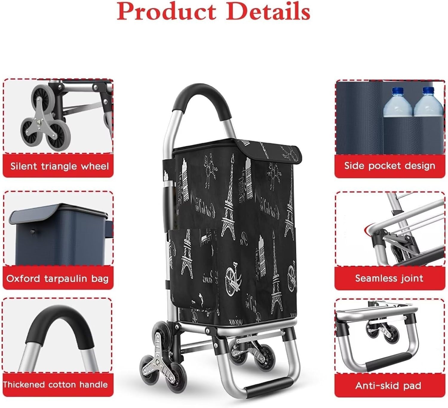 Lightweight 2-in-1 Folding Shopping Trolley 6-Wheel Stair Climber Waterproof