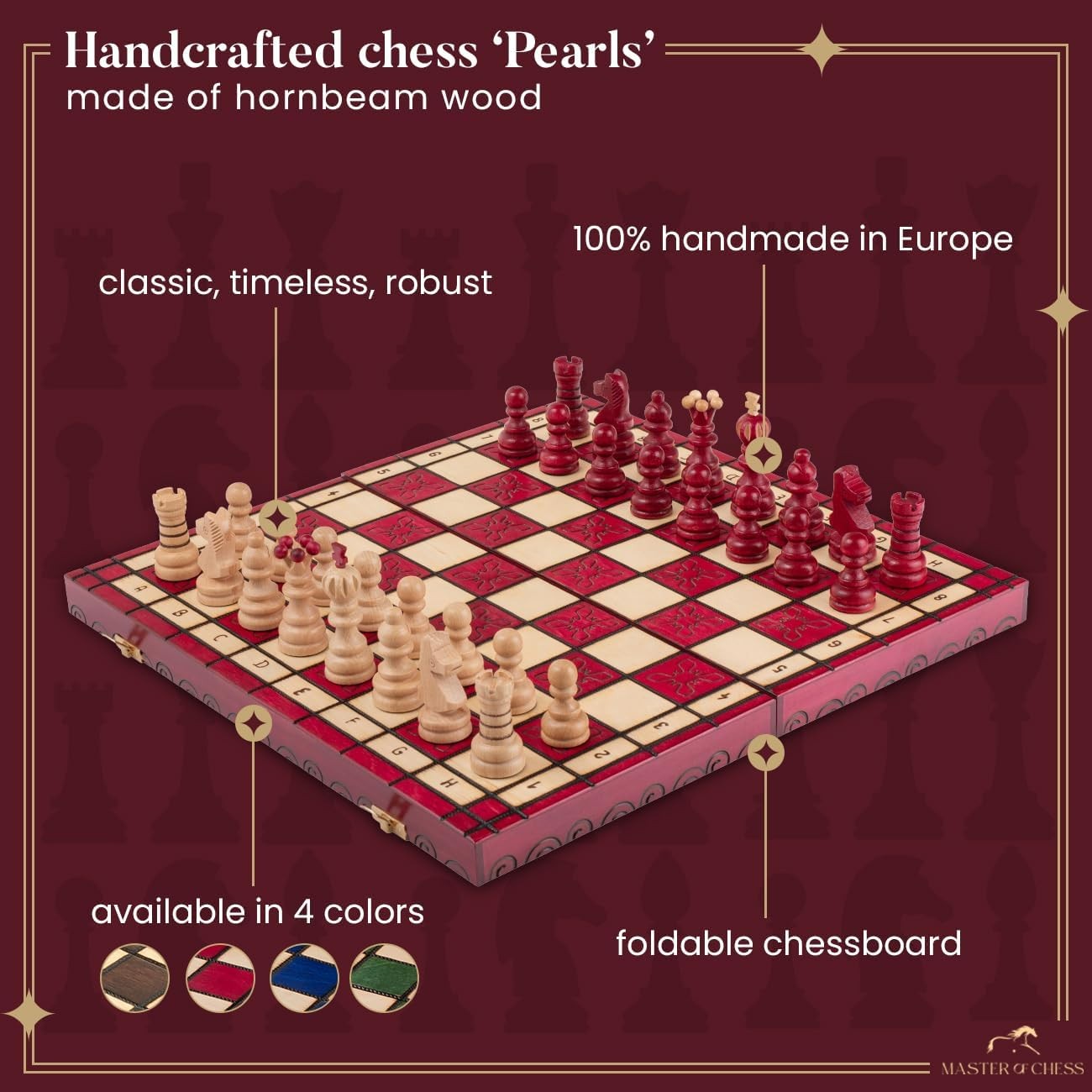 Luxury 42cm Red Wooden Chess Set XL | Handcrafted Board & Carved Pieces | Premiu