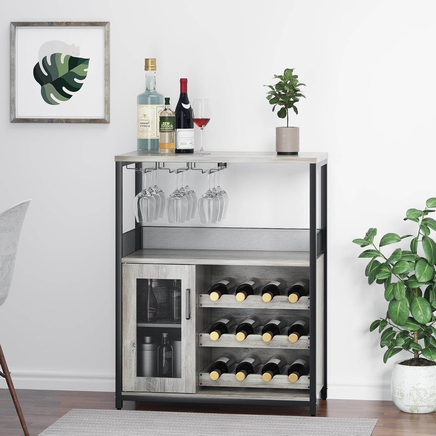 Modern 3-Tier Wine Bar Cabinet with Glass Holder & Storage Shelves for Kitchen