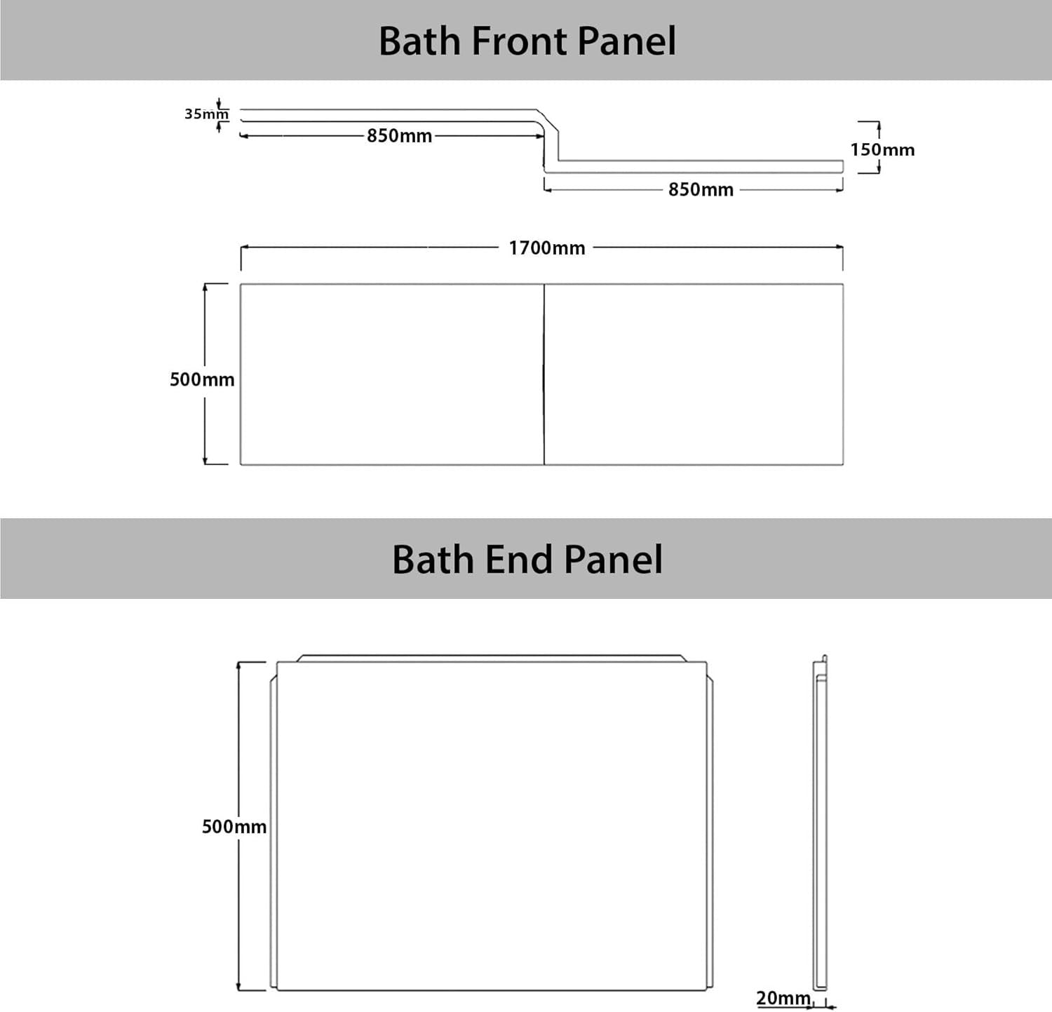 1700x850mm Left-Hand L-Shaped Shower Bath with Front & End Panels + Glass Screen