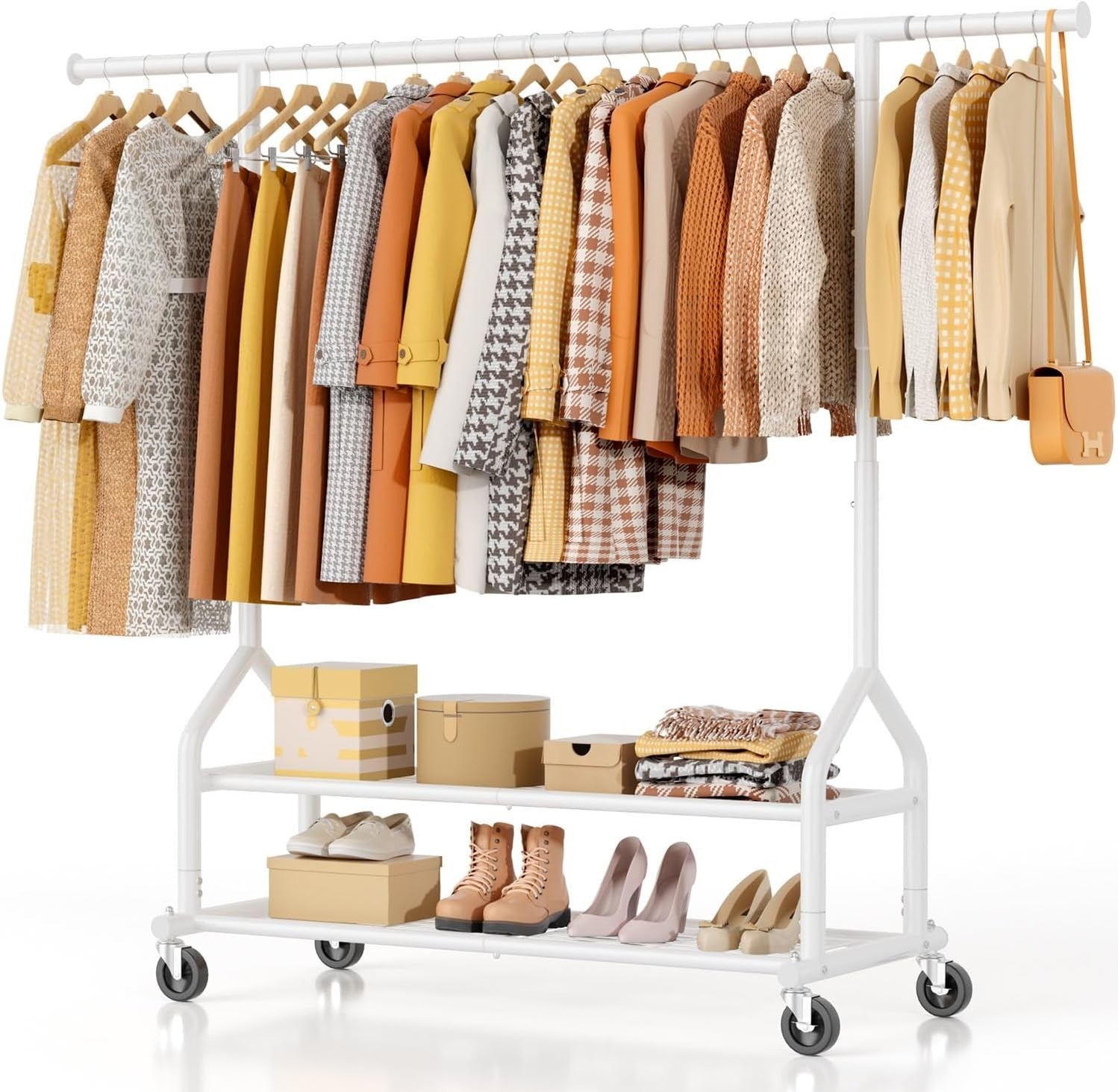 White Heavy Duty 252KG Clothes Rail With Shelves & Wheels