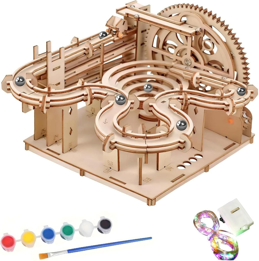 3D Wooden Marble Run Puzzle for Adults - Hand Cranked Mechanical Model