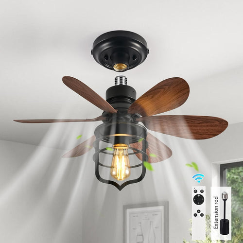 Ceiling Fan Light with Remote, 3 Speeds, Industrial Style, Black E27 Lamp