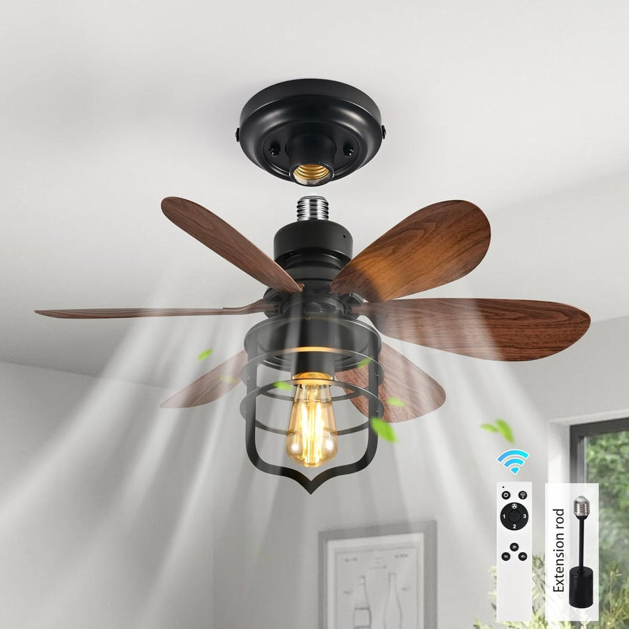 Ceiling Fan Light with Remote, 3 Speeds, Industrial Style, Black E27 Lamp