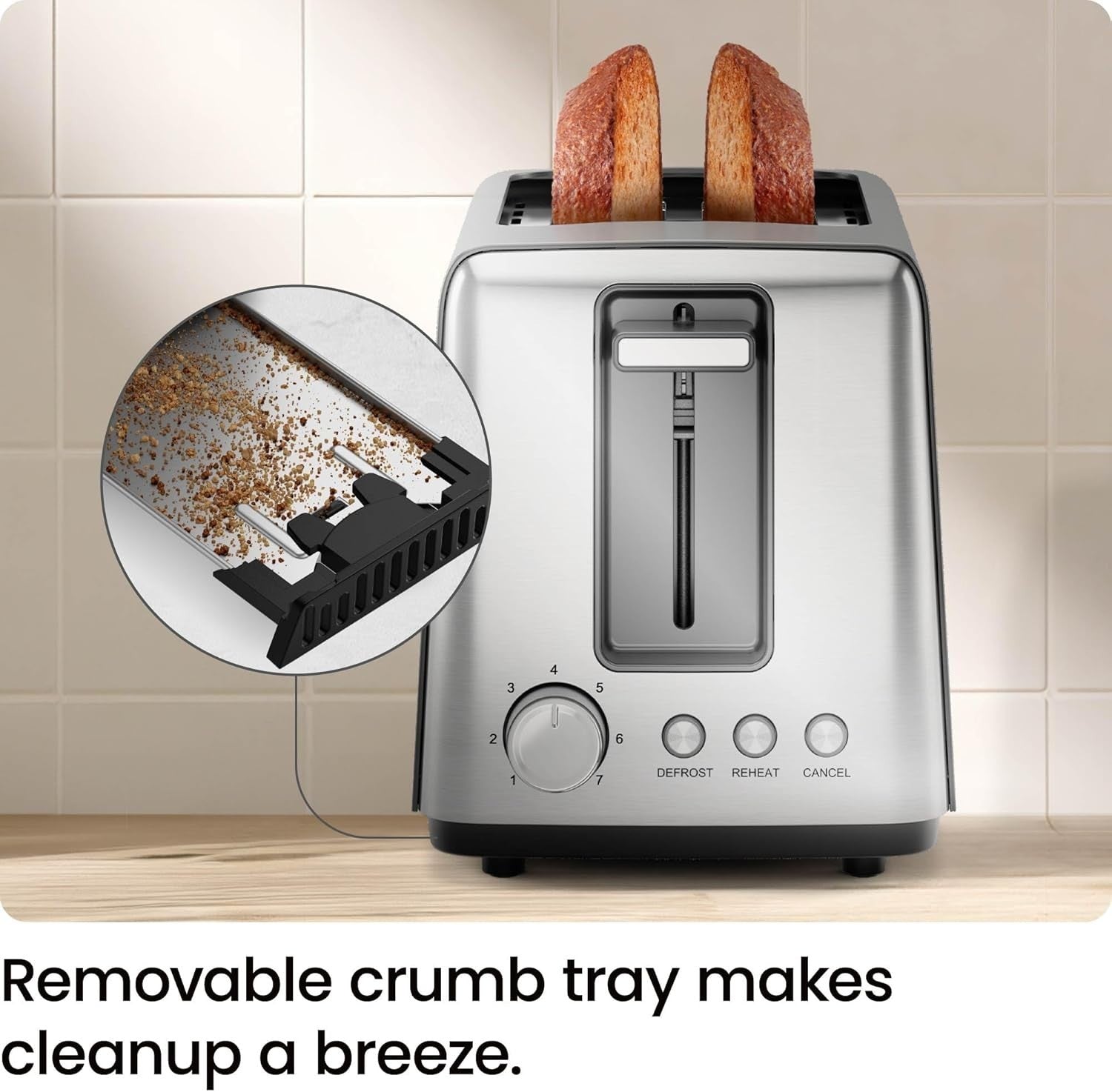 2-Slice Toaster, 7 Shade Settings, 3 Modes, Removable Crumb Tray, Black