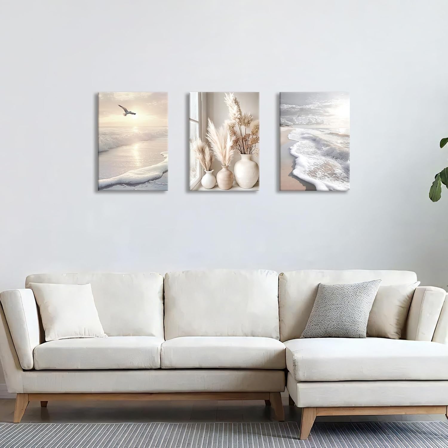 Boho Beach Canvas Wall Art Set 3 Beige Pampas Landscape Framed Prints 40x60cm