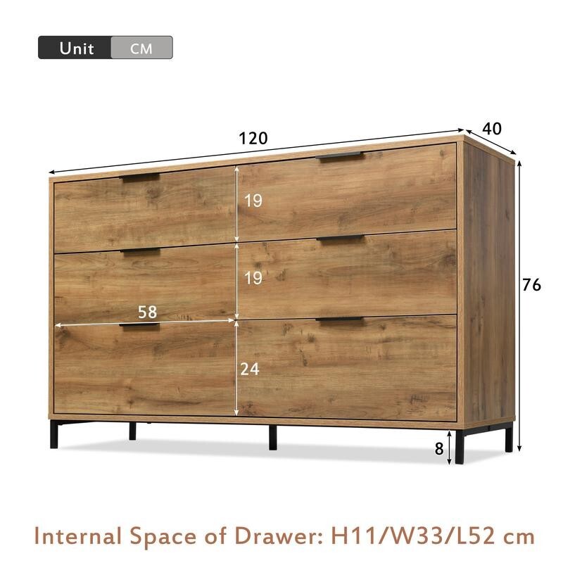 Rustic Oak Sideboard Cabinet with 6 Drawers, Chest Storage Unit 120cm