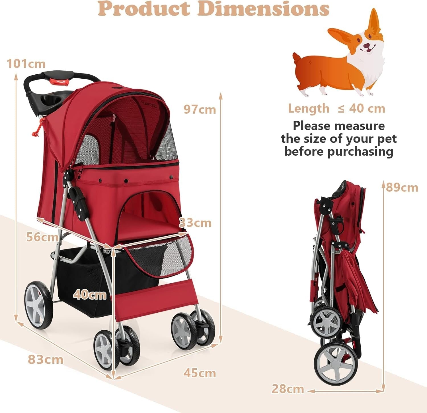 Pet Stroller Foldable Dog Cat Pushchair Lockable Wheels Canopy 15kg