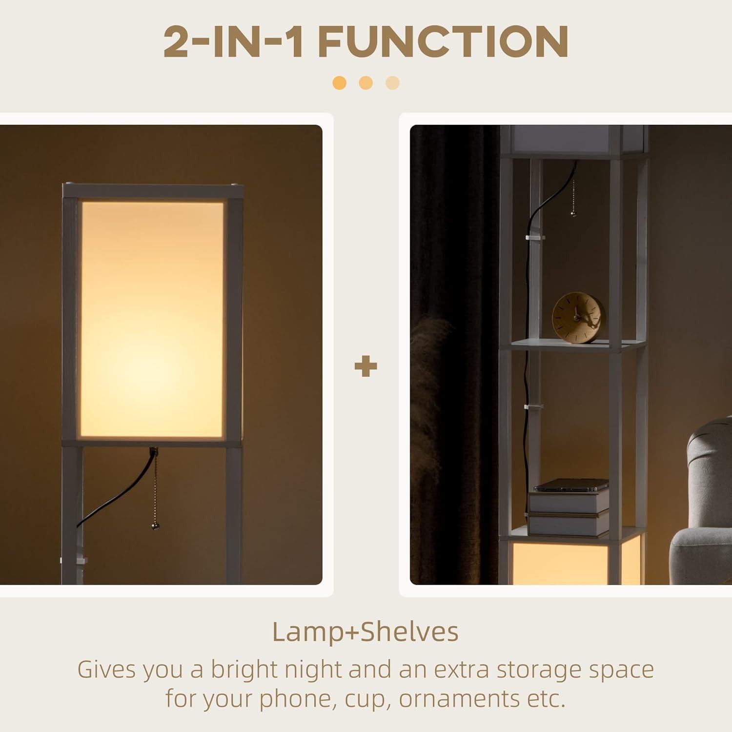 Corner Floor Lamp with Shelves Dual Light Modern Storage Standing Lamp White