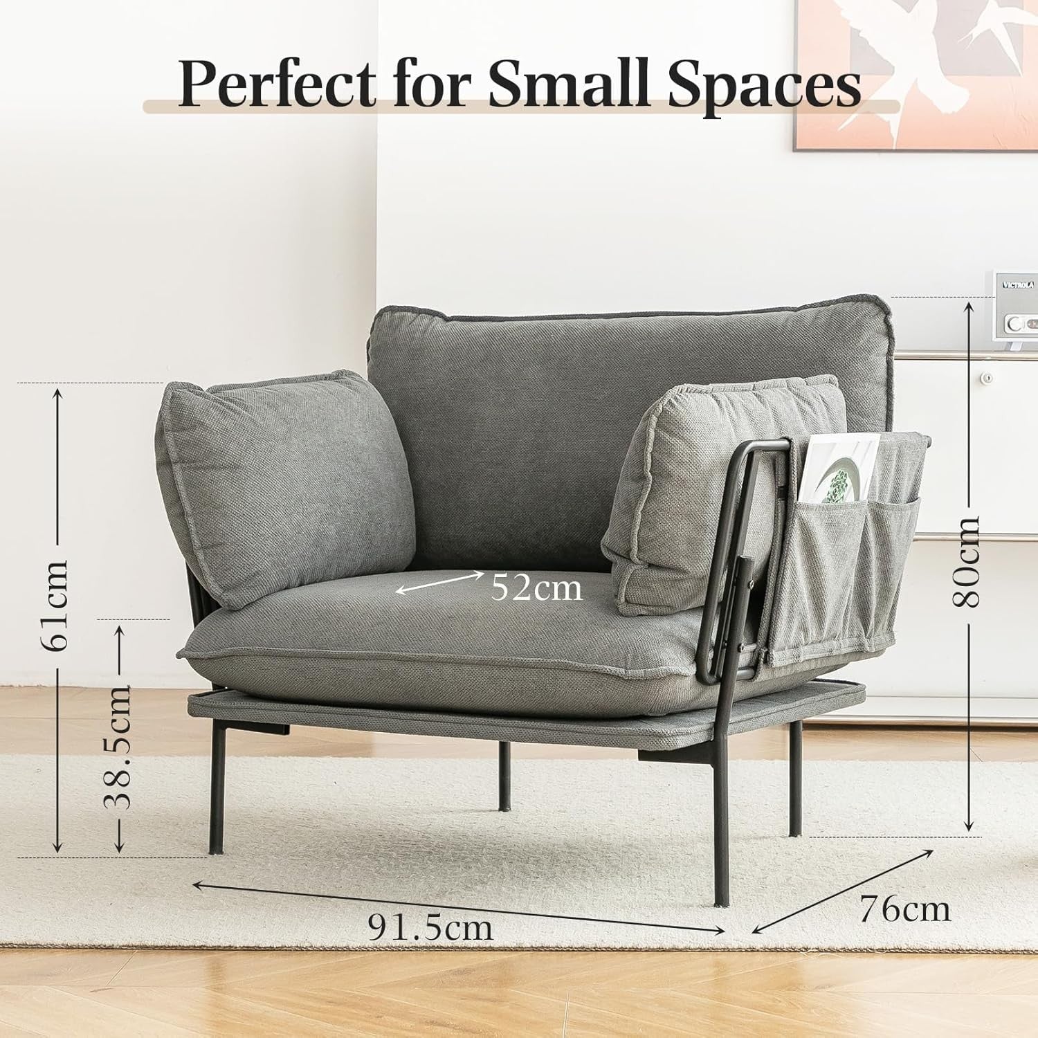 Modern Grey Upholstered Accent Armchair with Metal Frame – Cozy Lounge