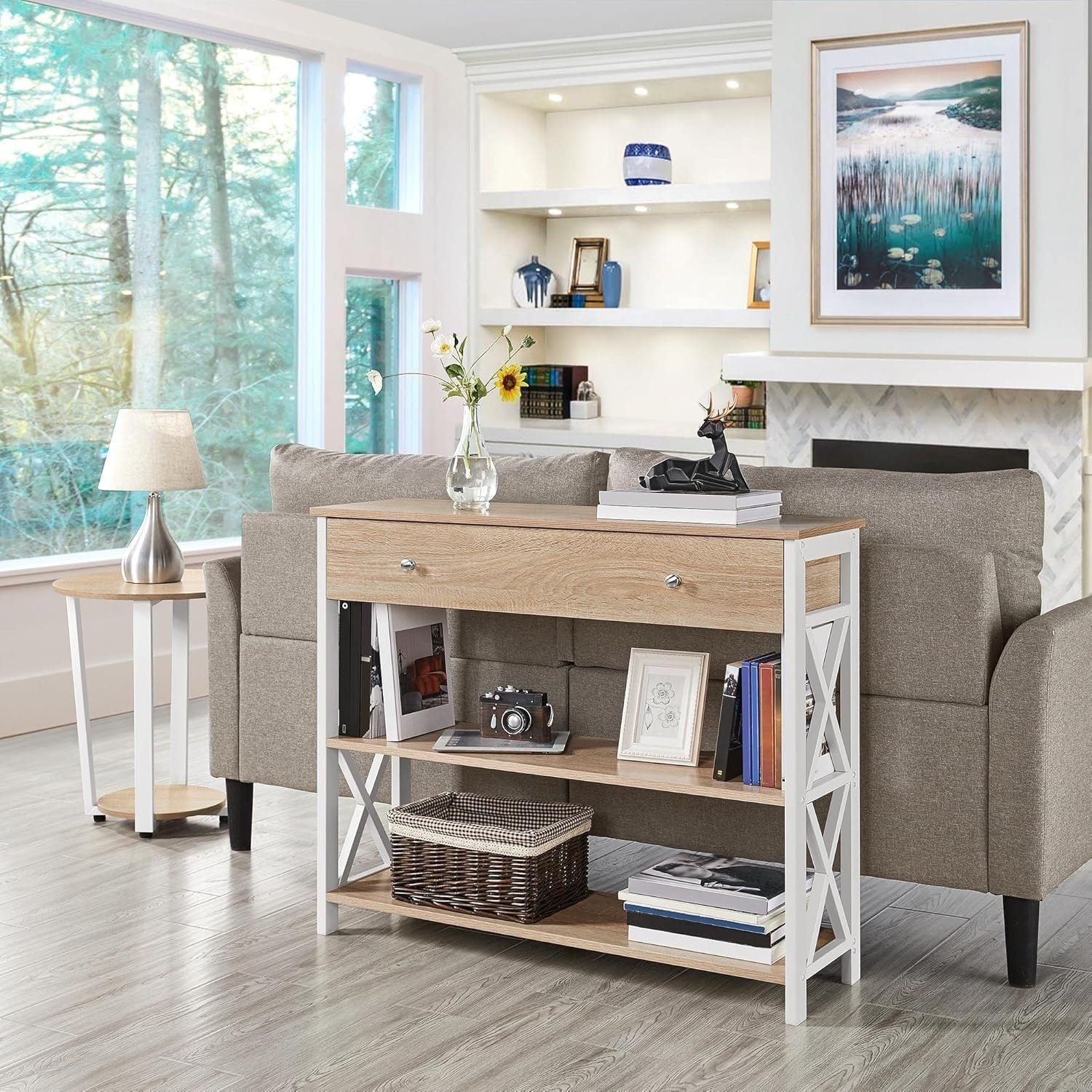 Spacious Console Table with Drawer & 2 Shelves, Sturdy Metal Frame, Light Oak