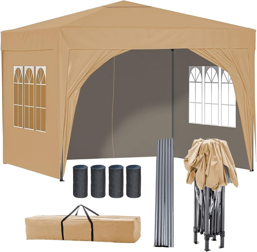 3x3M Beige Pop Up Gazebo With Sides Waterproof Garden Party Tent Steel Frame