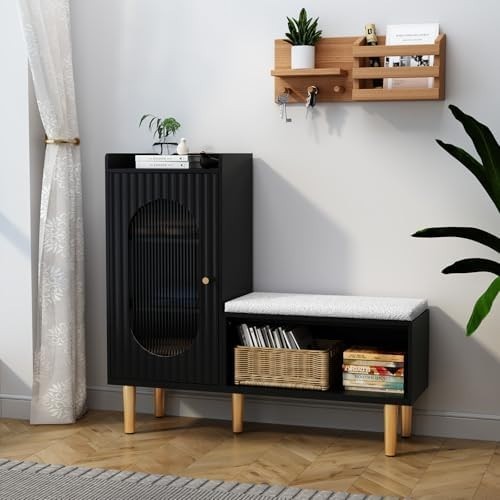 Modern L-Shaped Shoe Storage Bench Cabinet with Glass Doors – Black