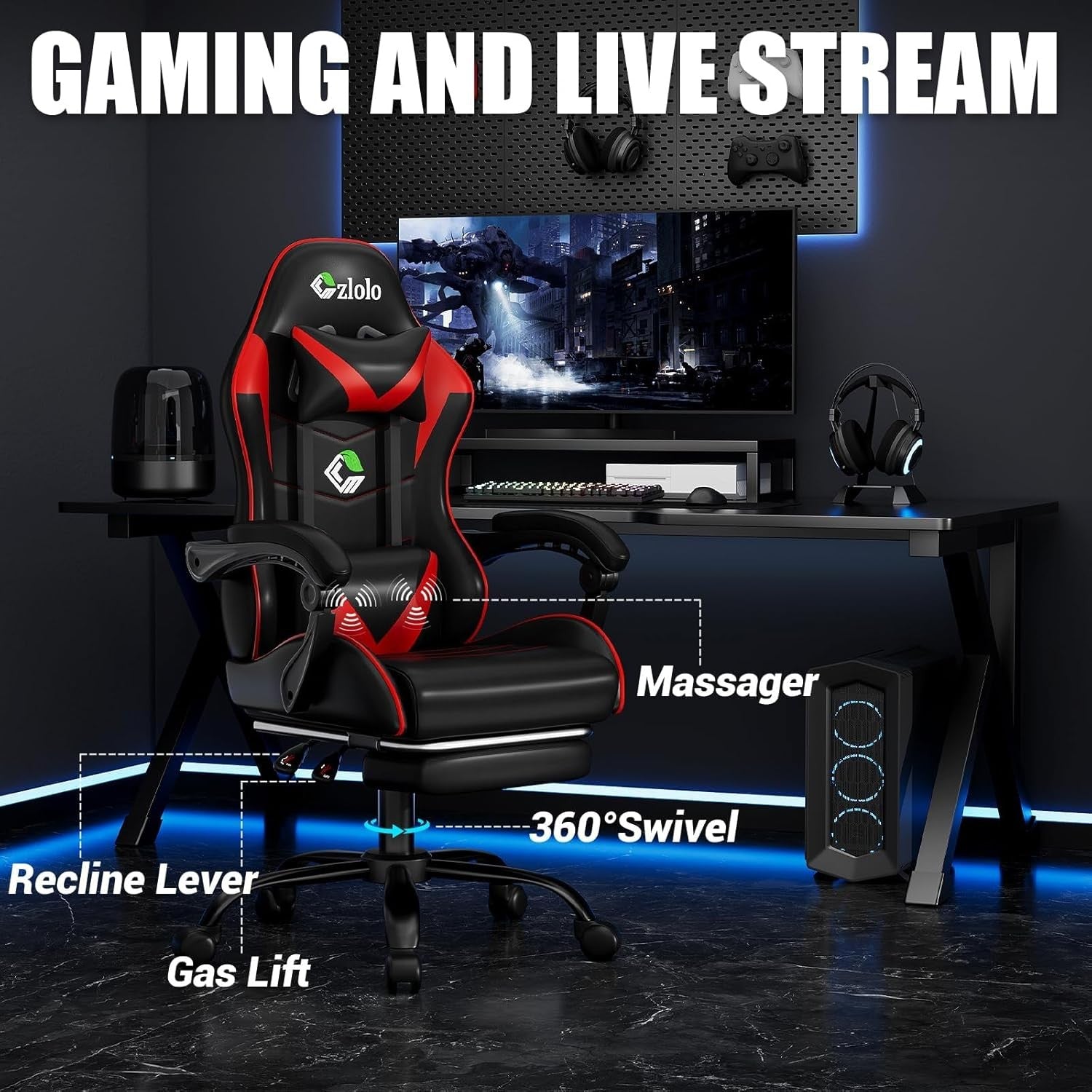 Gaming Chair w/ Footrest Reclining Racing Office Chair Red