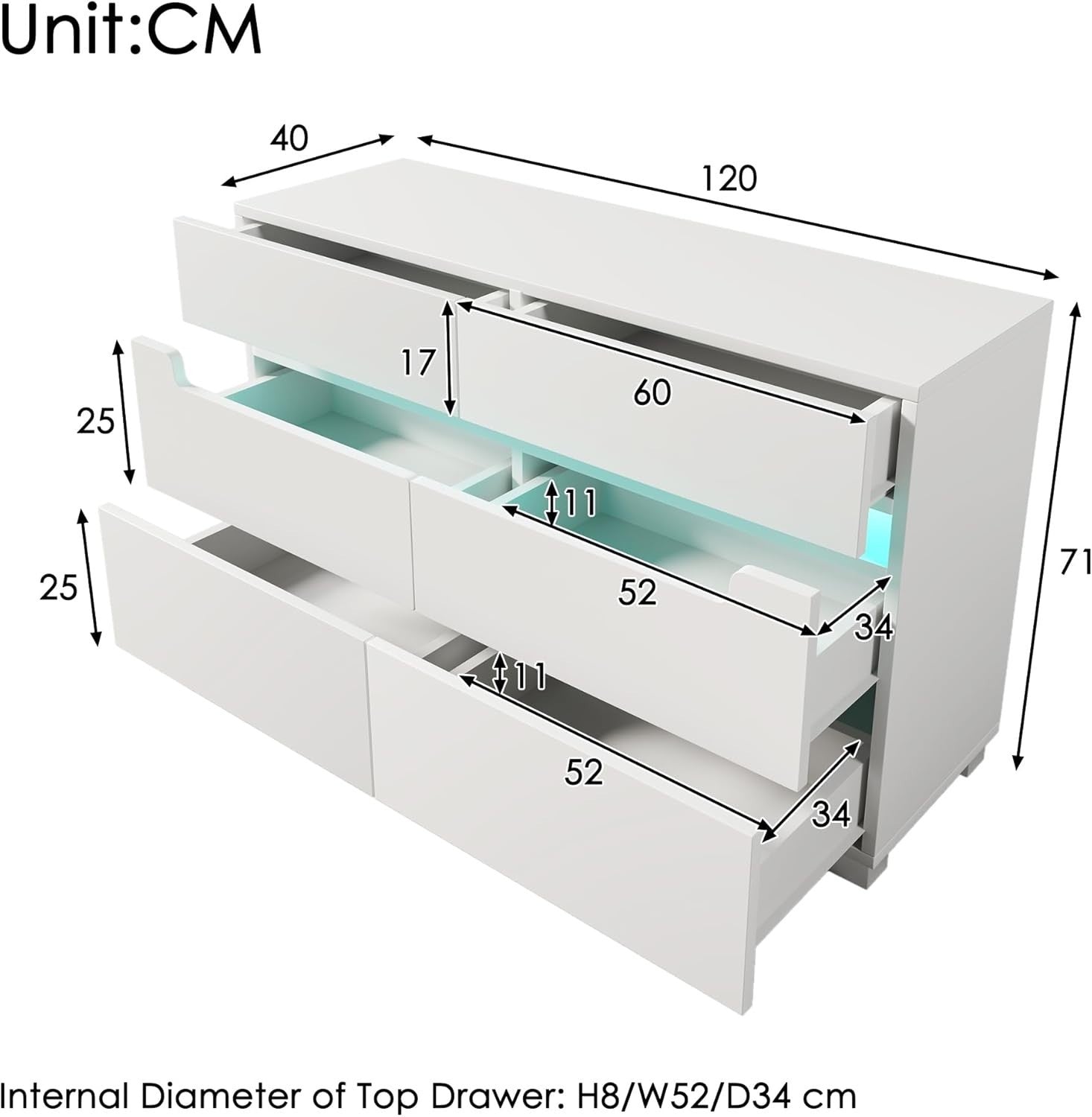 Modern White Sideboard Cabinet 6 Drawers RGB LED Storage Dresser Floor Mount